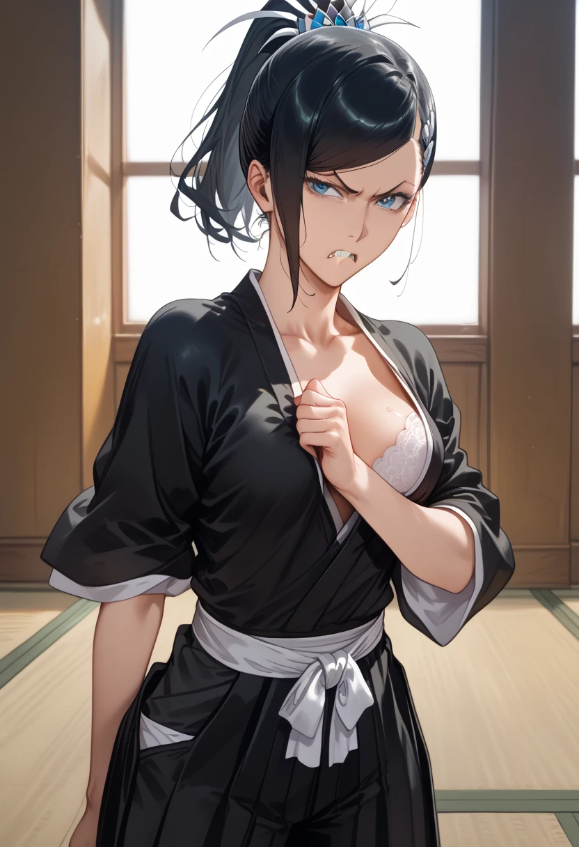 obra-prima, Best Quality, I don't know, tied ponytail, copos, black robes, Faixa, saia hakama, de quatro, de cima, clenched teeth, Frowned frown , floor, nervoso, clivagem