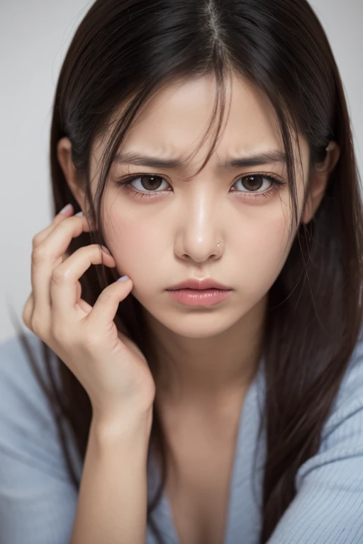 Realistic, close-up of a person covering their ears in response to the loud sound, detailed expression of pain and fear, urban background, high-resolution, tense mood.