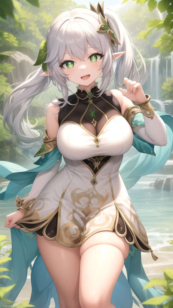 best quality, super fine, 16k, RAW photo, photorealistic, incredibly absurdres, extremely detailed, delicate, flashy and dynamic depiction, cute yet dignified beautiful elf, shy, short silver pixie cut hair, wind, wind-effect, red round eyes, slender proportion, leaning against a large tree in the lush grassland, background hazy, mysterious and fantastical, countless sparkling gold dust, motion-blur, action-lines