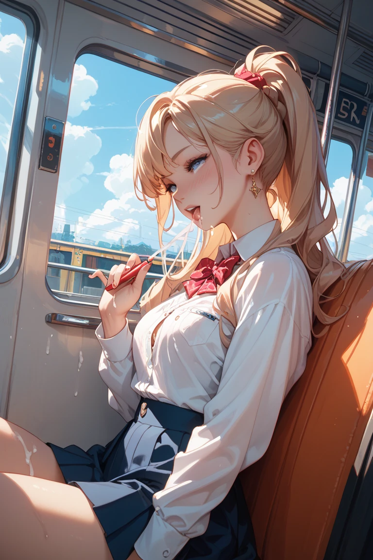 top-quality,ultra-detailliert,masterpiece,realisitic,Photo Real,Bright lighting,1 girl in, an extremely beautiful , (kawaii:1.2),Thin smile, (Brown eyes),(brown haired),(bangss),perfect glossy skin,flawless skin,((erotick,Sexy and sexually explicit)),((accurate hands without incongruity)), large full breasts,big breasts thin waist, Look at viewers,((Sheer sailor suit)),((Sheer short-sleeved uniform white shirt)),(red necktie),(Blue sheer mini pleated skirt),(((skirt lift by yourself))),(lifted by self),(Showing sheer panties),Sheer panties,panties focus,((Sit up,spread legswide)), sockes, (Black knee socks),(Loafer shoes), during daytime,On the train,Horizontal long seat with your back to the window