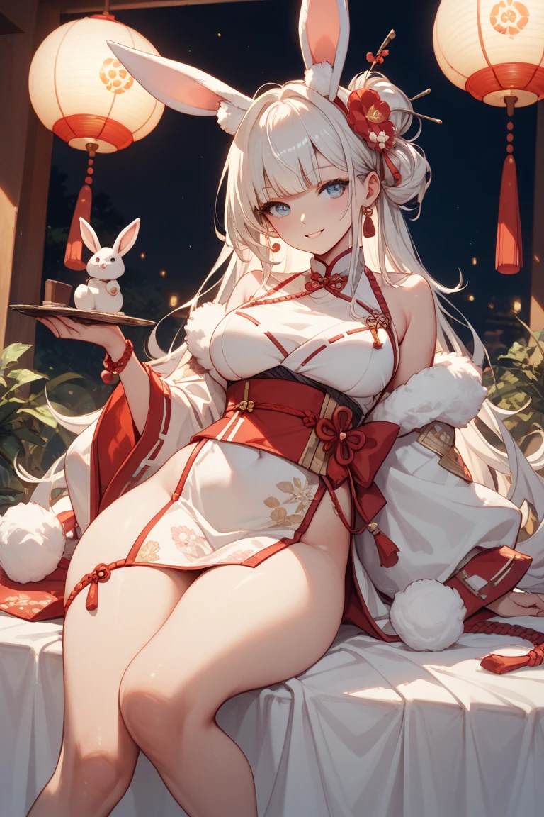 masterpiece, extra limbs, 1goddess , age fifties woman 2600 years old, ((white absurdly long hair blunt bangs hime cut pubic hair)),(((tareme rose eyes))), large breasts large areolas fat body beautiful breasts, (((happy))), spread legs, sitthing,pregnant,pale skin,(raven wings),(((clothed japanese shrine miko))),japanese shrine,night