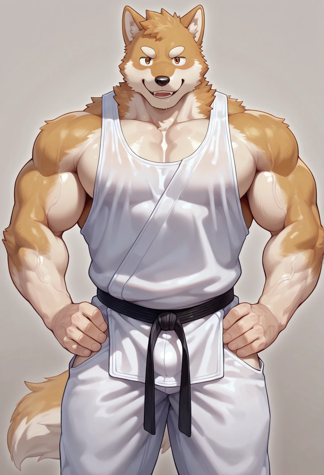 anthro Arcanine, posing for the camera. 4k, high resolution, best quality, posted on e621, (solo:1.2), anthro body, male, mane, adult, masculine, (athletic, muscular, heavyweight:1.2), correct anatomy, (white background, no background:1.1), (by wfa:1.2), (by chunie, by Taran Fiddler:0.8), (detailed eyes:1.2), sexy, (cel shaded:1.2), cartoony shading, (watercolors:1.2), (fluffy tail:1.2), (full body:1.2), cocky smile, single lowered brow, (wrestling singlet, bulge:1.1), (looking at viewer:1.2), bright eyes, front view