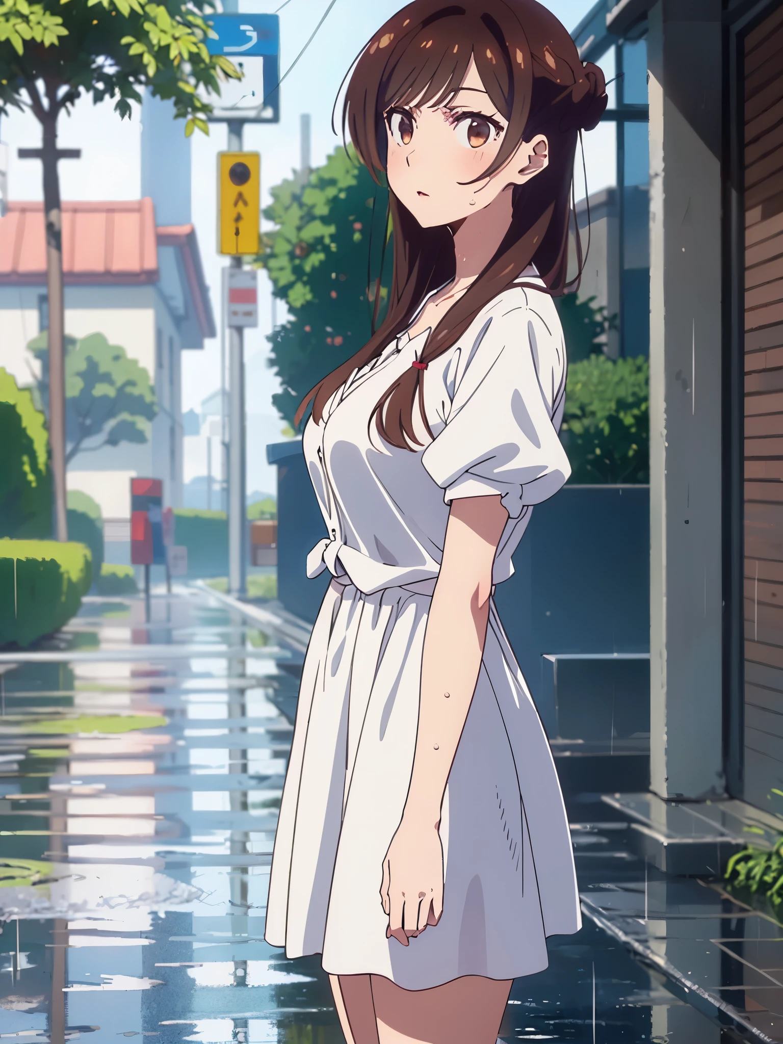masterpiece, Best Quality, great quality,, ichinose chizuru, long hair, bungs, brown hair, brown eyes in the oral vagina, Check who is watching, Big Breasts, mature woman, anime with the crotch open, navy blue and white dress, Short sleeve, puff sleeve, puffy Short sleeve, Rainy Day, umbrella, Walk home, puddle, wet hair, , from the side, beside the seat , solo,, cowboy shot, solo
