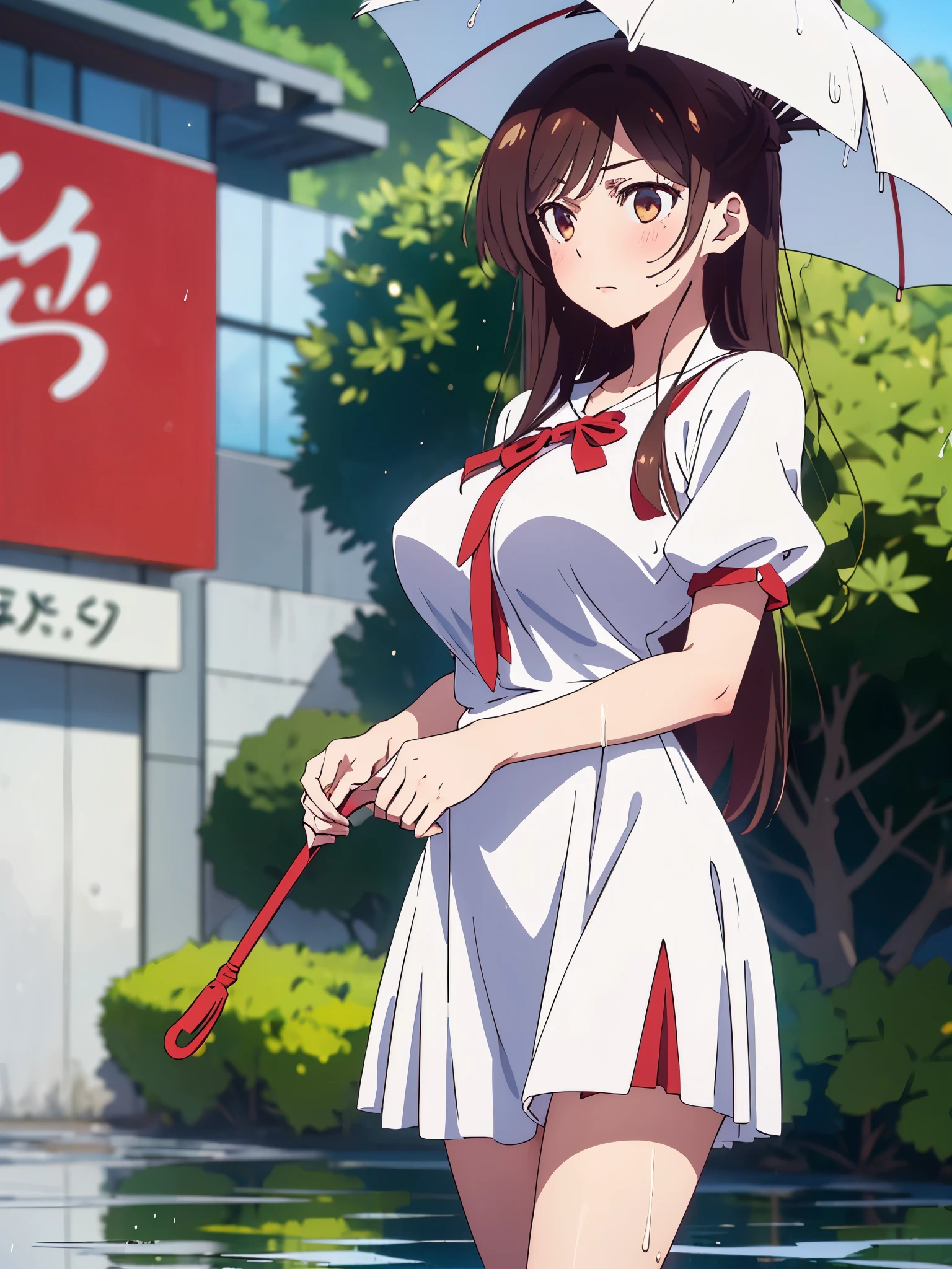 masterpiece, Best Quality, great quality,, ichinose chizuru, long hair, bungs, brown hair, brown eyes in the oral vagina, Check who is watching, Big Breasts, mature woman, anime with the crotch open, navy blue and white dress, Short sleeve, puff sleeve, puffy Short sleeve, Rainy Day, umbrella, Walk home, puddle, wet hair, , from the side,  beside the seat , solo,, cowboy shot, solo