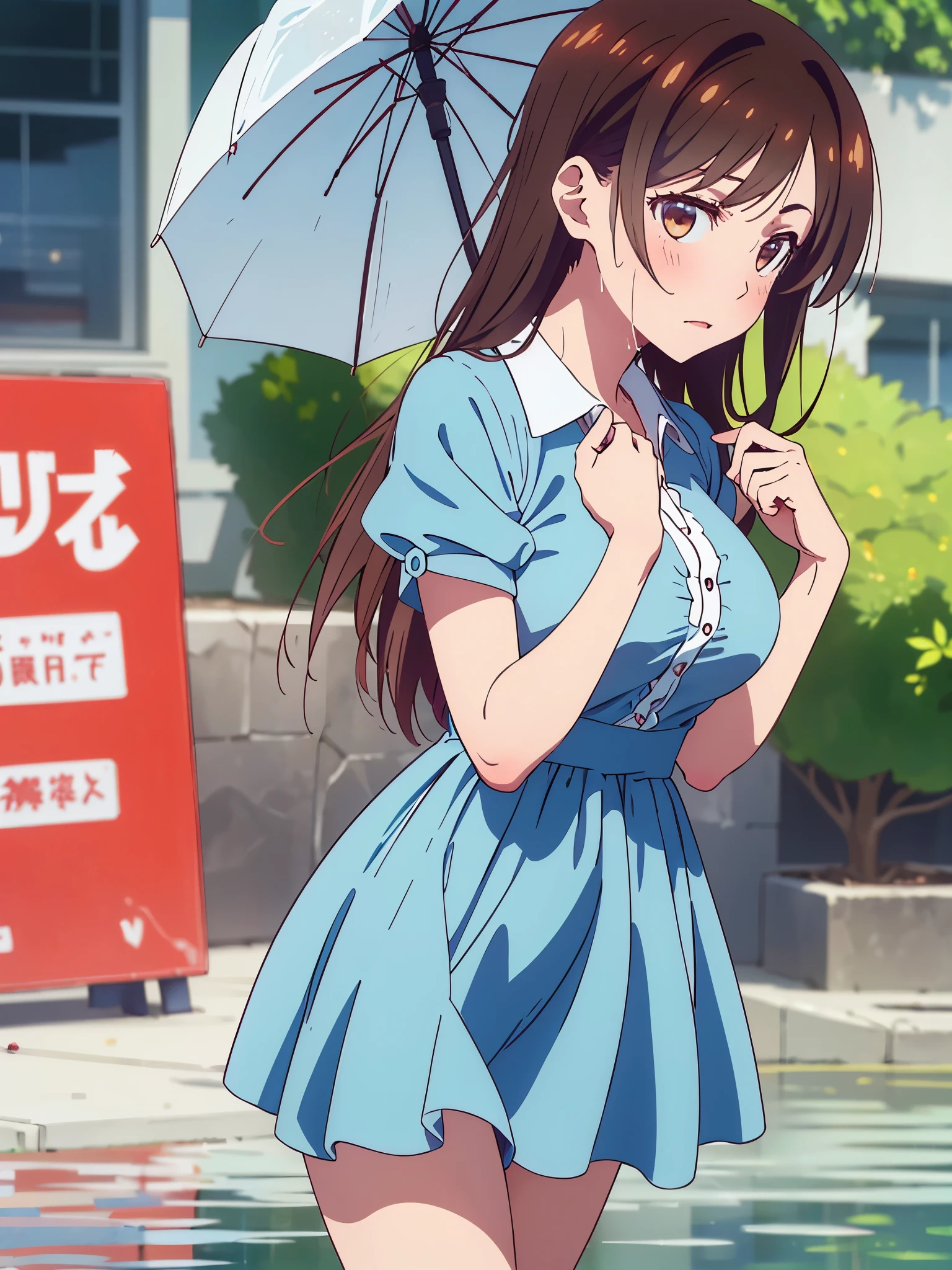 masterpiece, Best Quality, great quality,, ichinose chizuru, long hair, bungs, brown hair, brown eyes in the oral vagina, Check who is watching, Big Breasts, mature woman, anime with the crotch open, navy blue and white dress, Short sleeve, puff sleeve, puffy Short sleeve, Rainy Day, umbrella, Walk home, puddle, wet hair, , from the side, beside the seat , solo,, cowboy shot, solo