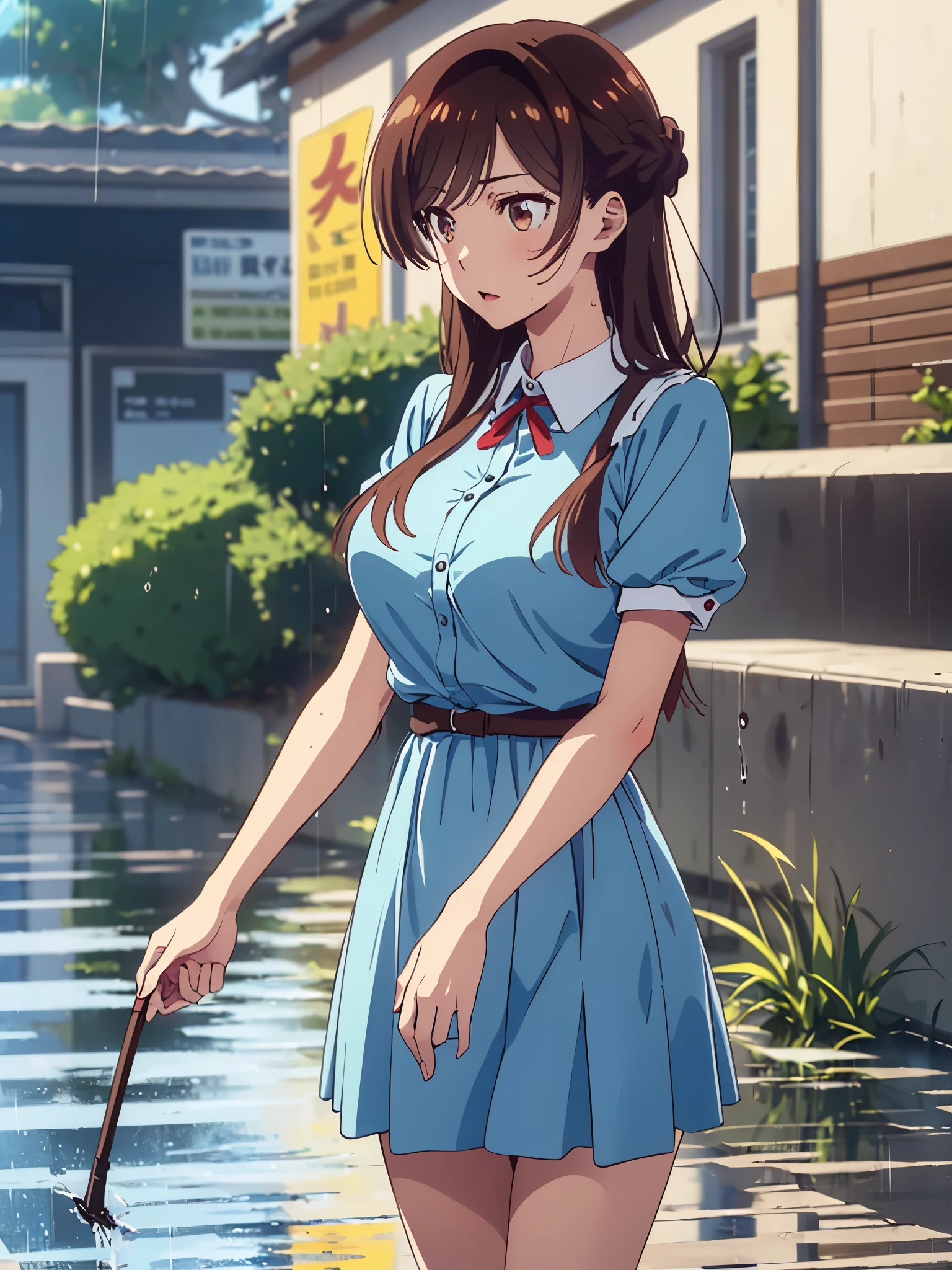 masterpiece, Best Quality, great quality,, ichinose chizuru, long hair, bungs, brown hair, brown eyes in the oral vagina, Check who is watching, Big Breasts, mature woman, anime with the crotch open, navy blue and white dress, Short sleeve, puff sleeve, puffy Short sleeve, Rainy Day, umbrella, Walk home, puddle, wet hair, , from the side, beside the seat , solo,, cowboy shot, solo
