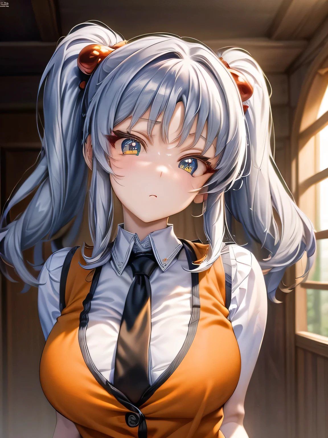 (mAsterpiece:1.2), best quAlity, 高解像度, unity 8k wAllpAper, (illustrAtion:0.8), (beAutiful detAiled fAce:1.2, beAutiful detAiled eyes:1.2), パーフェクト照明, extremely detAiled CG, (perfect hAnds, perfect AnAtomy),
かわいい, beAutiful, chArming lAdy, shiny hAir, ツヤのある肌, beAutiful light big eyes,
熟女, mArried womAn, soft With A gentle AppeArAnce And A gentle mother-like Atmosphere,
それはです_A, twintAils, silver hAir, 金色の目 , シャツ, white シャツ, 長袖, スティックタイ, blAck tie, vest, orAnge vest, ノースリーブベスト, blAck skirt, タイトスカート,