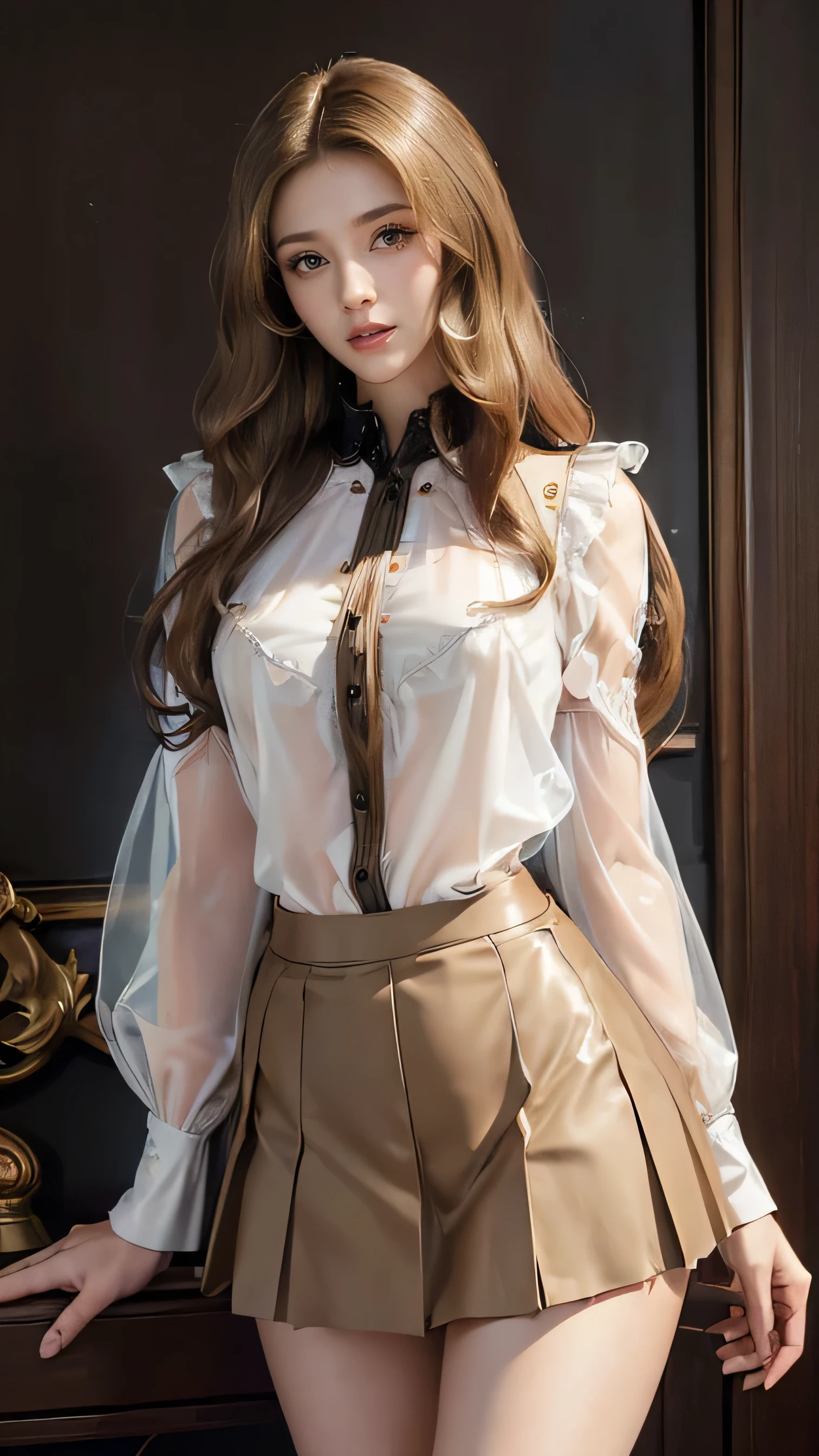 arafed woman in a skirt and shirt walking down a street, thighhighs and skirt, tied - up shirt, sexy look, wearing honey - themed miniskirt, sexy outfit, very sexy outfit, sexy style, wearing a blouse, miniskirt, white blouse, detailed plaid miniskirt, intriguing outfit, wearing a white blouse, revealing outfit, delicated face, (perfect figure )