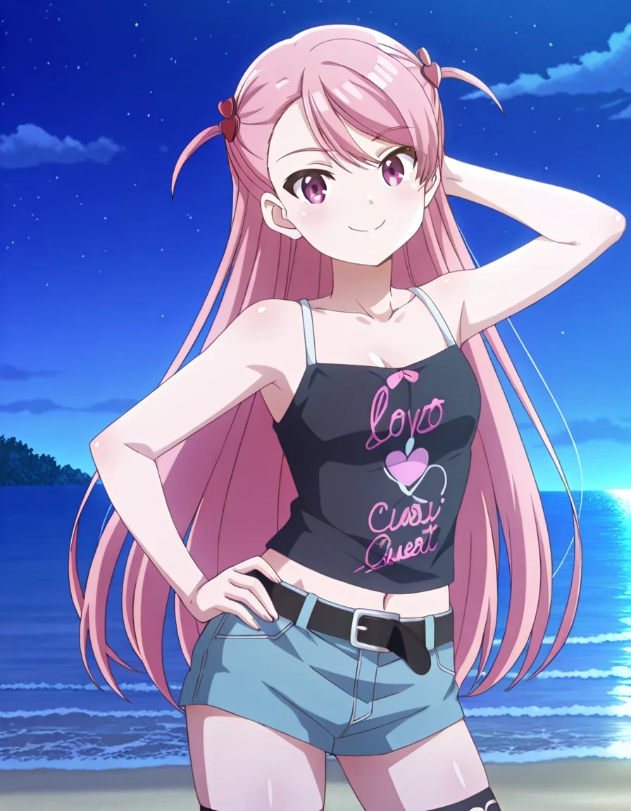 maho-casual,pink eyes,pink hair,long hair, two side up, black camisole,denim shorts,black belt,black thighhighs, anime screencap, shiny skin, high quality, solo, night sky, beach, (contrapposto), closed mouth, (hand behind head, hand on hip), cowboy shot, looking at viewer, smile, best quality