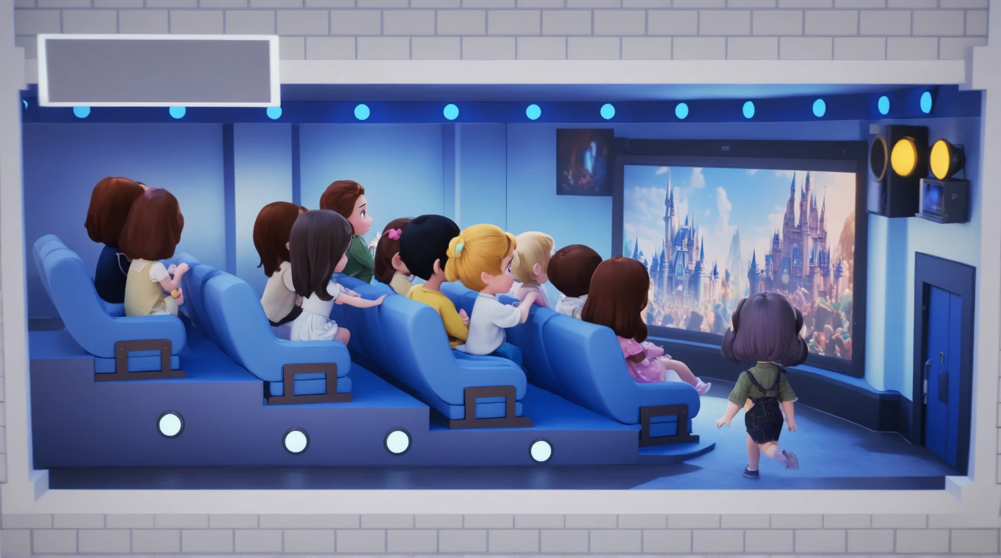 has multiple rows of blue seats，viewers sit in their seats， A picture of the future city was played on the huge screen in front，There is a row of small blue lights，and the ceiling，with large audio equipment installed on both sides of the screen { x} The lighting design not only added to the atmosphere of the scene，There is a door on the right side of the screen，The design of the entrance is also quite simple，screen playback movie screen。Bright tones， Disney style，u3d scene，HD， details， original movie theater scene，game U3D scene original picture，in the dark movie theater，The audience applauded，screen play the movie screen，Q version of the European and American scene indoor movie ，Q version scene original picture，欧美Q version scene original picture，interior scene，lighting on stage，sd1.5. Disney style，u3d scene，HD， details，