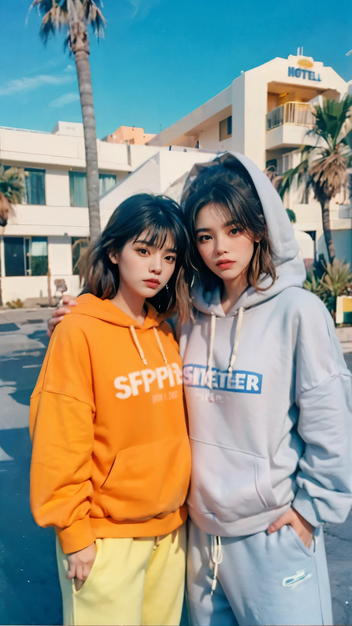 8k, 2 girls, beautiful, messy hair, (orange is too big hoodie), is too big_shirt, sweatpants ,, close-up, watch viewers, (((80's architecture colorful motel))) ,Palm Tree, blue sky, Sunny Summer, Like (photorealistic:1.2), (Super Real:1.3), (very well detailed:1.1), ((masterpiece)),2 people have high fives