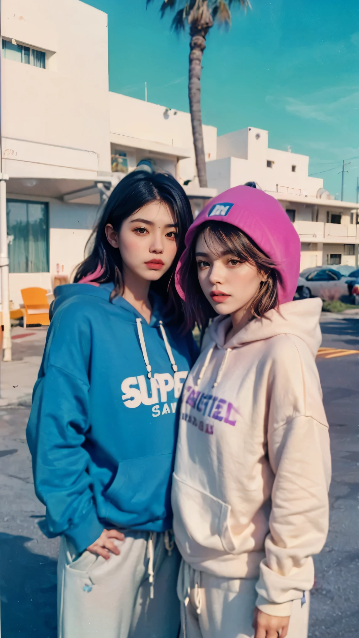 8k, 2 girls, beautiful, messy hair, (orange is too big hoodie), is too big_shirt, sweatpants ,, close-up, watch viewers, (((80's architecture colorful motel))) ,Palm Tree, blue sky, Sunny Summer, Like (photorealistic:1.2), (Super Real:1.3), (very well detailed:1.1), ((masterpiece)),2 people have high fives
