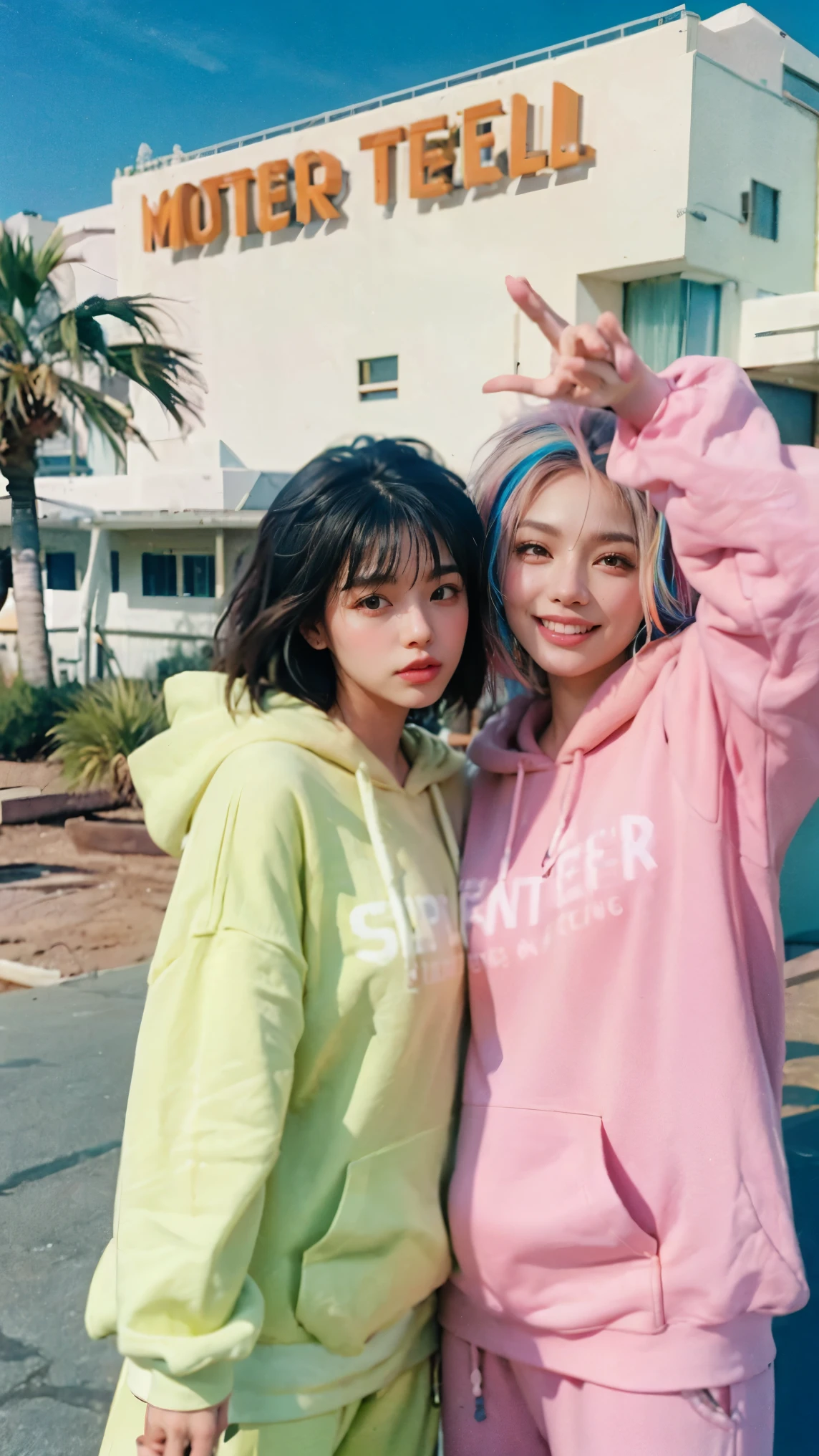 8k, 2 girls, beautiful, messy hair, (orange is too big hoodie), is too big_shirt, sweatpants ,, close-up, watch viewers, (((80's architecture colorful motel))) ,Palm Tree, blue sky, Sunny Summer, Like (photorealistic:1.2), (Super Real:1.3), (very well detailed:1.1), ((masterpiece)),2 people have high fives,Dancing energetically