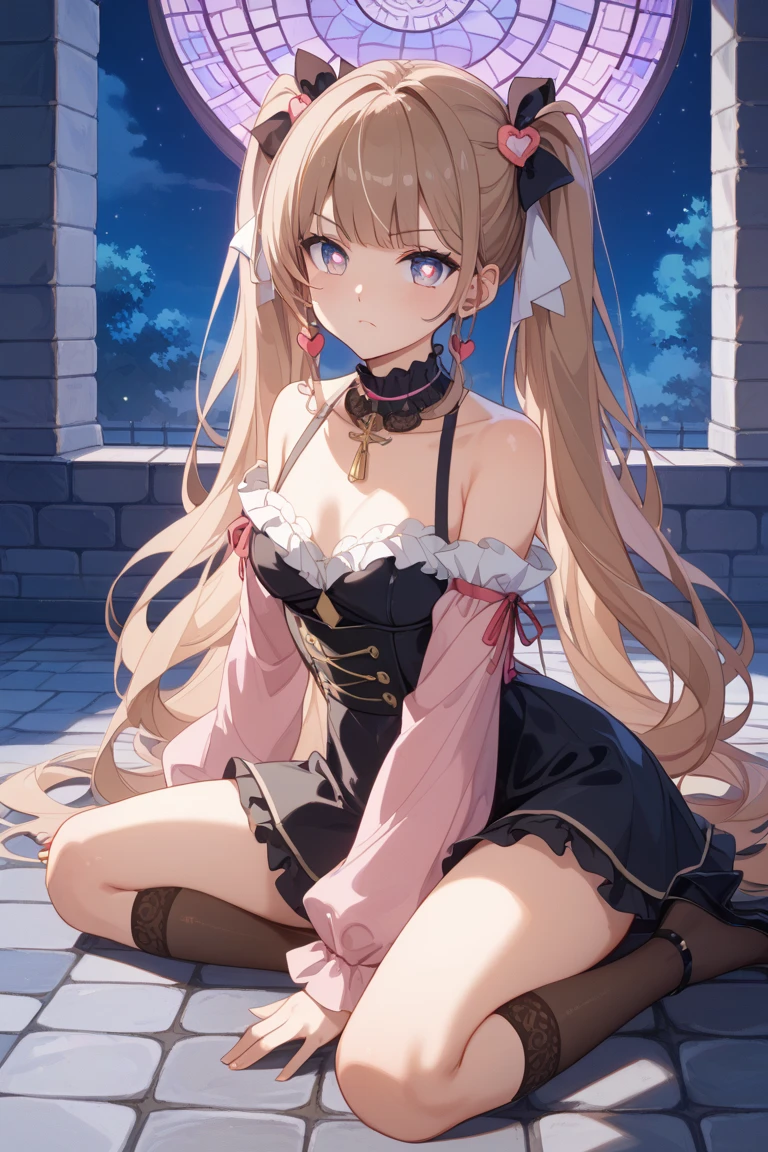 solo, light almond hair, long hair, dark pink eyes, sweet smile, subtle blush, large chest