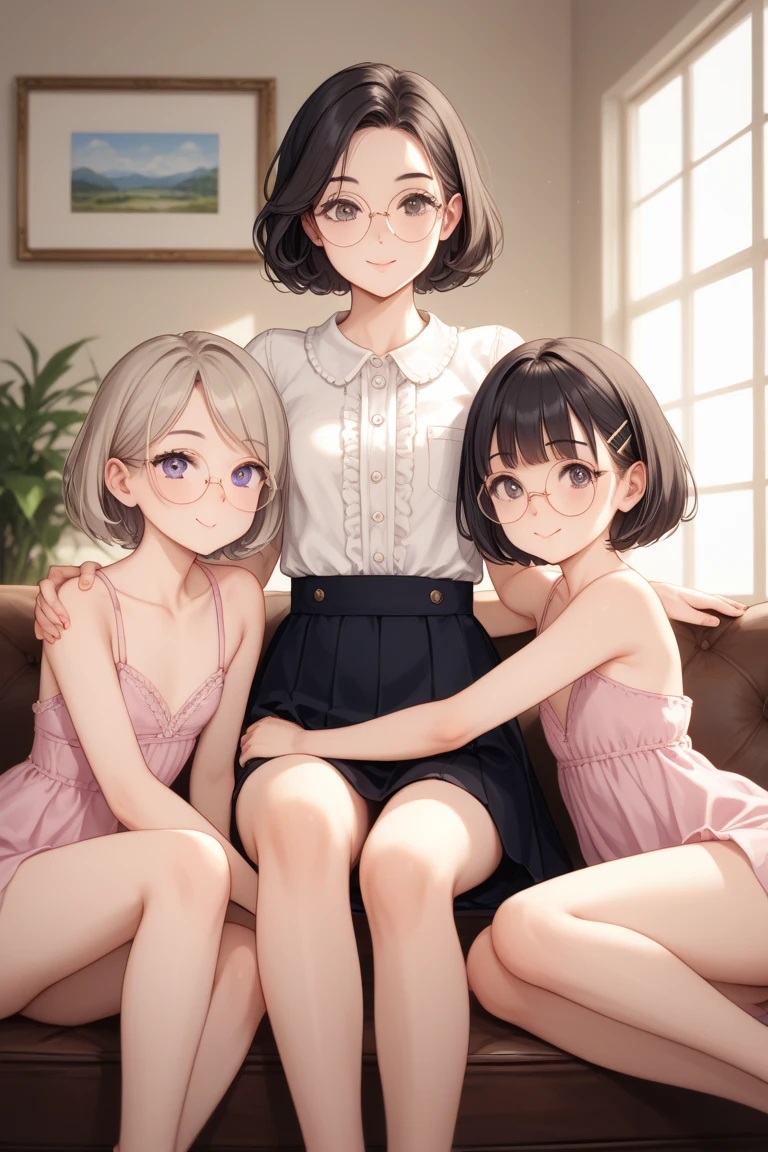 Very detailed, Highest quality, High resolution, Moe Anime, ((Three little girls hugging each other:1.2)), (Black Hair:1.4), (Baby Face), ((round face:1.4)), ((naked)), Cute eyes, Detailed eye depiction, Eyes sparkling, Dark eye color, View your audience, Pale skin, (Big eyes:1.4, Droopy eyes:1.4, Torogao:1.4), Focus on the face, In the park with cherry blossoms falling, ((See-through lace panties)), ((See-through lace bra)), Bright Eyes, ((Nipples are visible through the fabric)), ((Petite)), ((Young)), ((nsfw:1.3)), (Flat Chest:1.5), ((Different braided hairstyles:1.4)), (A big smile:1.4), (Slightly below:1.4), ((Different bangs:1.2)), ((Wearing large round glasses))