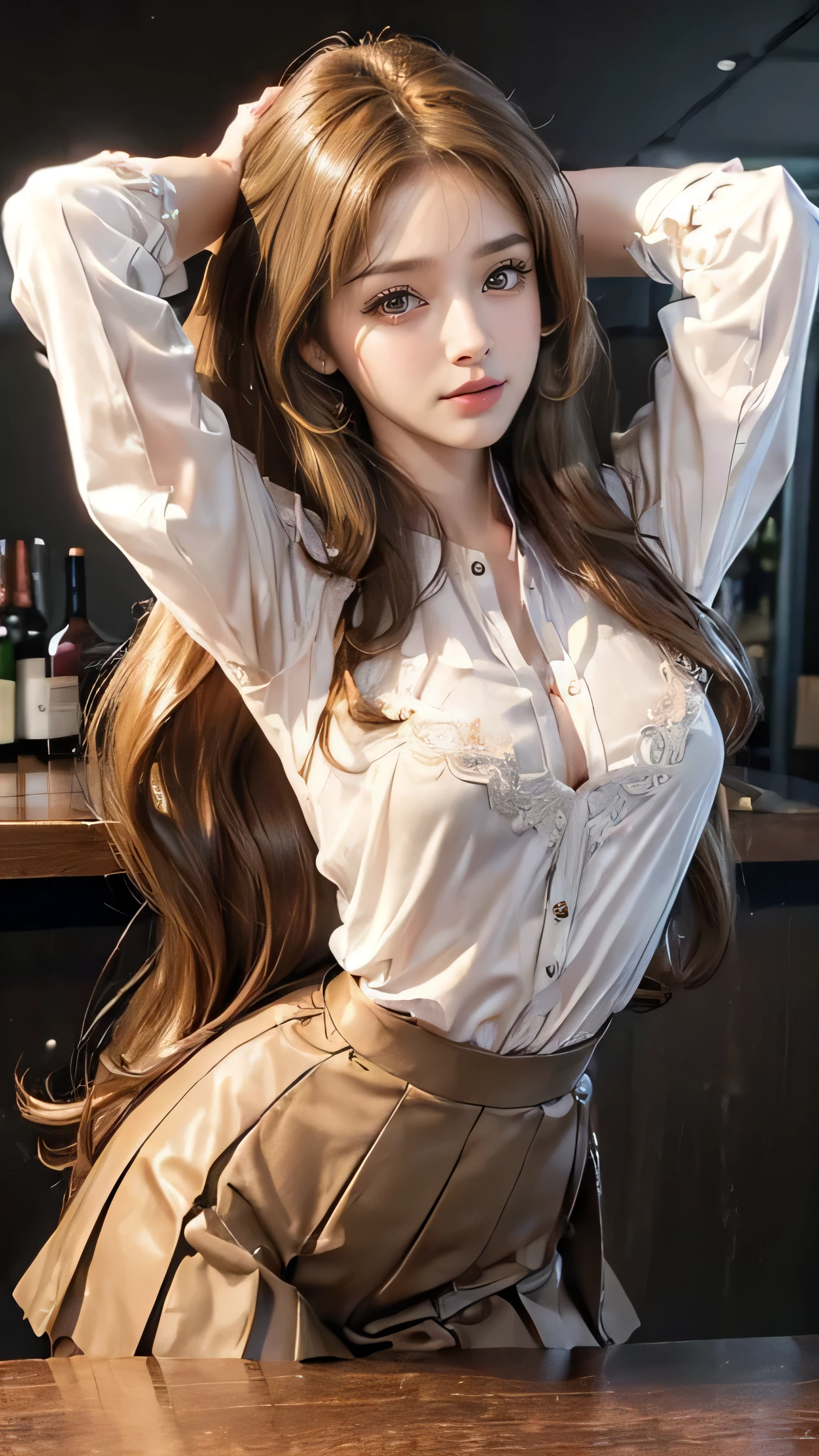 ((Realistic lighting, top quality, 8K, masterpiece: 1.3)), nobody's train, very cute woman. She looks like she is showing off her body, 40k, photography, masterpiece, best quality, dark gray background, ((1 girl blue eyes and gorgeous light blonde mopping long curly hair, she wears glasses on her beautiful face, white long skirt, thin white shirt she is about to take off, big hard ,)), big ass full breasts until waiting to be worn, various poses. ((:1.3)), ultra-detailed face, detailed eyes. Shaved bread, various poses,
