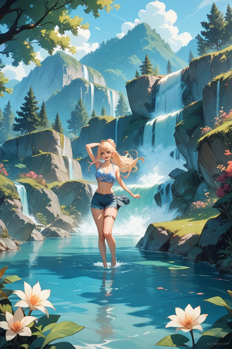 There is a surreal passage of a lake with crystal clear water, a huge waterfall reflects the full moon above, Lewis is on the surface of the water with a rocky coast, a world where a girl looks up, a magnificent fantastic world, an ass is visible, red underwear, shiny long hair,