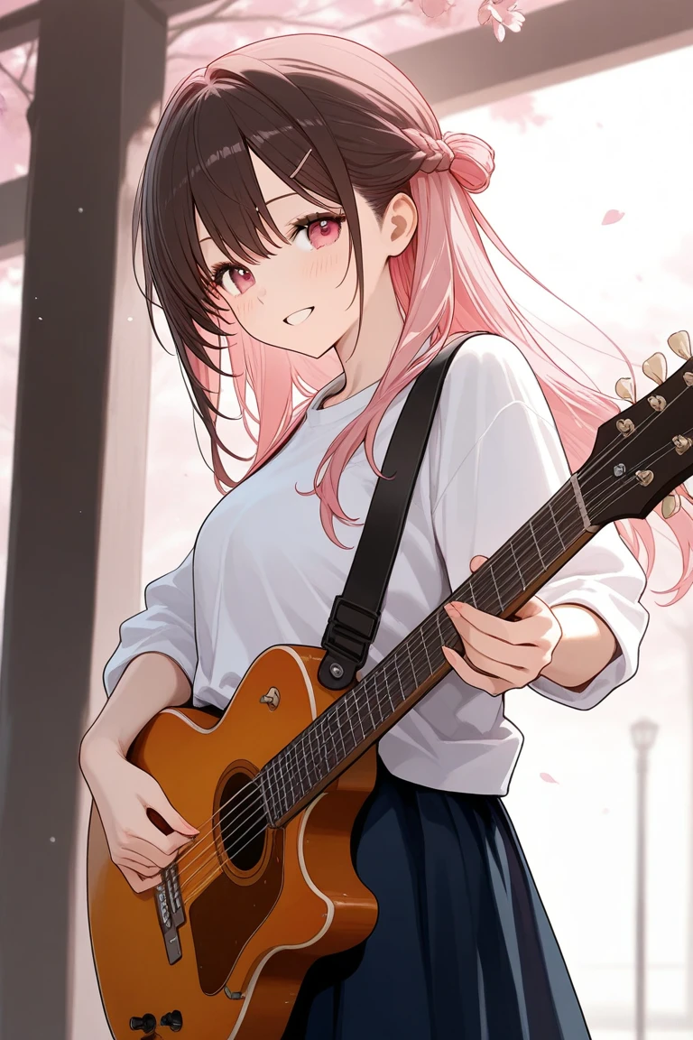 A woman playing a guitar