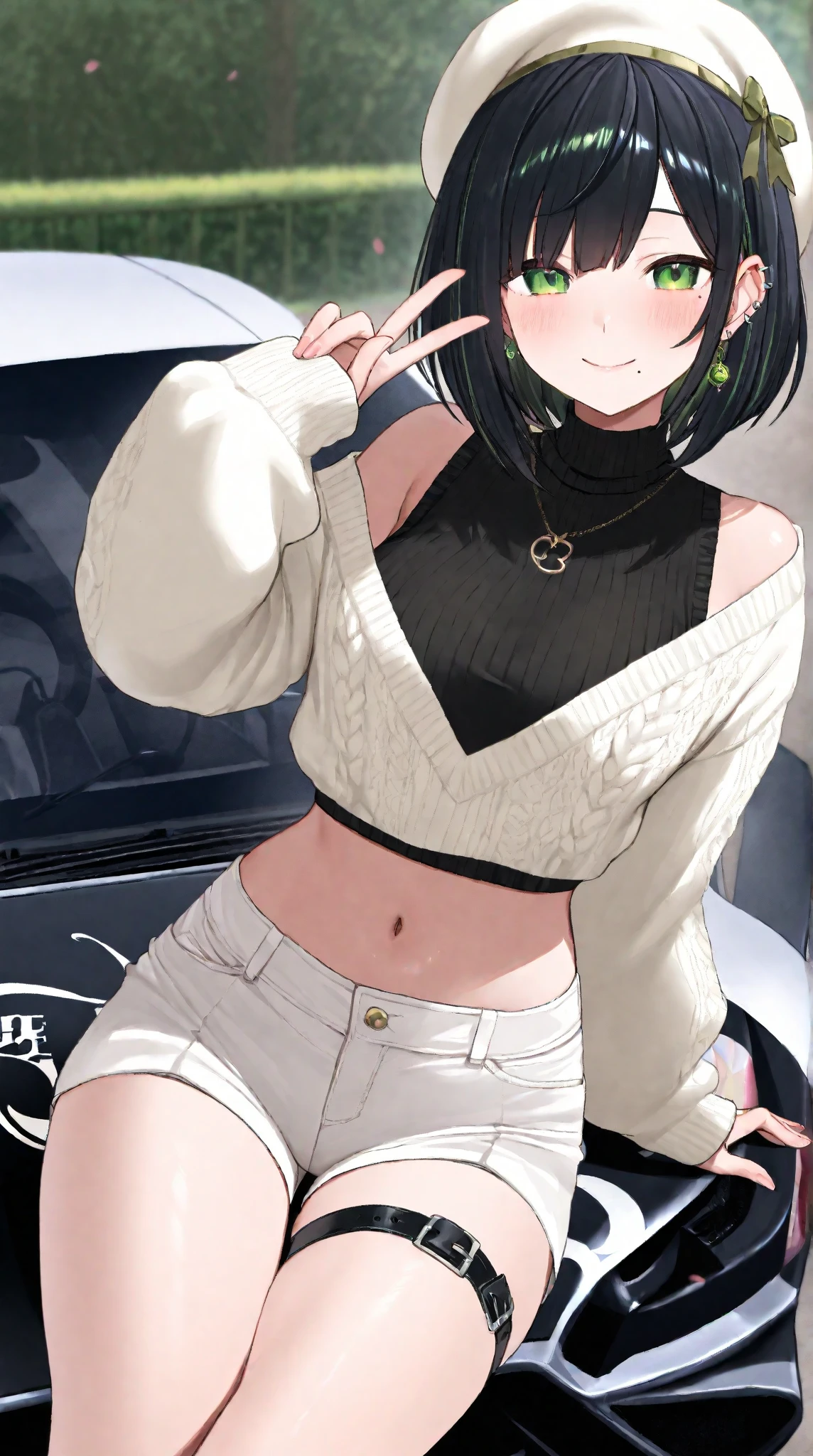 (masterpiece,highest quality),crop top look,Short sleeve hoodie,
(Black mini skirt with gingham check),black haired