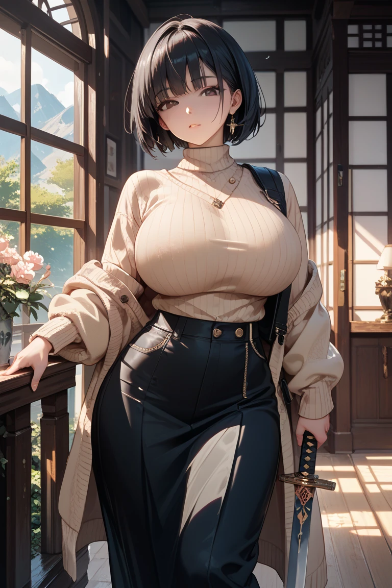 (table top, highest quality, High resolution, , perfect pixel, 4k,), 1 girl, single, alone, Beautiful woman、I could see the whole body、 ((wavy short hair, bangs, brown hair)), ((brown eyes, beautiful eyelashes, realistic eyes)), ((detailed face, blush:1.2)), ((smooth texture:0.75, realistic texture:0.65, realistic:1.1, Anime CG style)), medium breasts, dynamic angle, perfect body, ((, female teacher, , earrings、necklace、Beige turtleneck sleeveless sweater、Long flared skirt in dark blue、black knee high stockings、open both legs wide、、shy smile、sit at a desk in the classroom、touch your chest with both hands)), Upper grade、、、evening、、(Pink lace panties are visible、、、angle from below)、