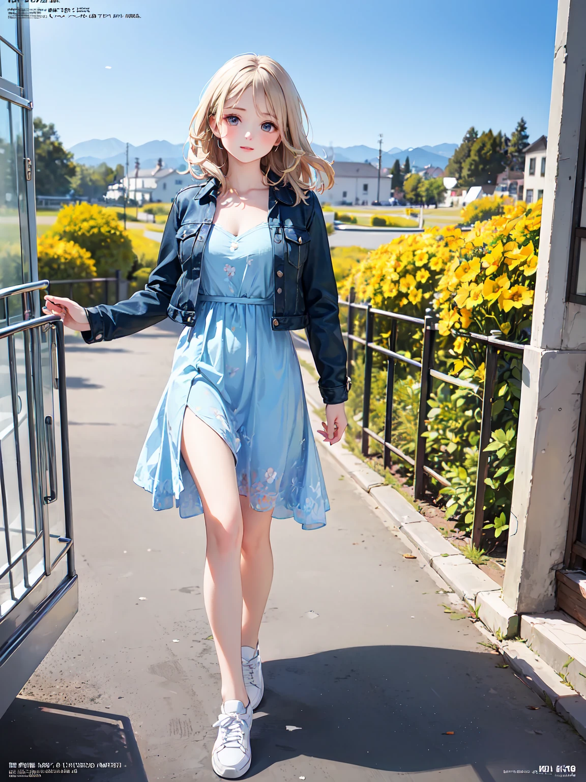 ((Best quality, 8k, Masterpiece :1.3)), 1girl, smiling, full body, slim face, Pretty woman, (blonde hair), Dress made of many diamond beads knit together, Ultra-detailed face, Detailed eyes, Double eyelid,  blur background, slim face, city, outside, street