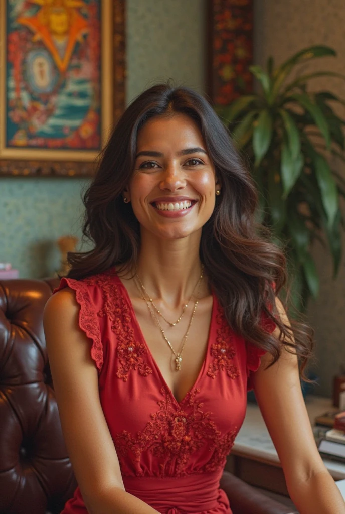 40-year-old woman standing in front of a Christmas tree, wearing a red short-sleeved blouse and black dress pants, with a red background, in red and black, She is looking directly at the camera with a neutral expression. The living room has yellow walls and there is a sofa in the background. Wearing festive clothes, wearing a red blouse, black pants, with a tree in the background. Fitness body. Woman in good physical shape, fitness woman, perfect face, perfect mouth.