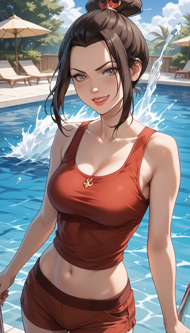 ((laying by an indoor mansion pool)) muscular girl large breasts angry black hair yellow eyes solo pale skin looking down ((laying by an indoor mansion pool))