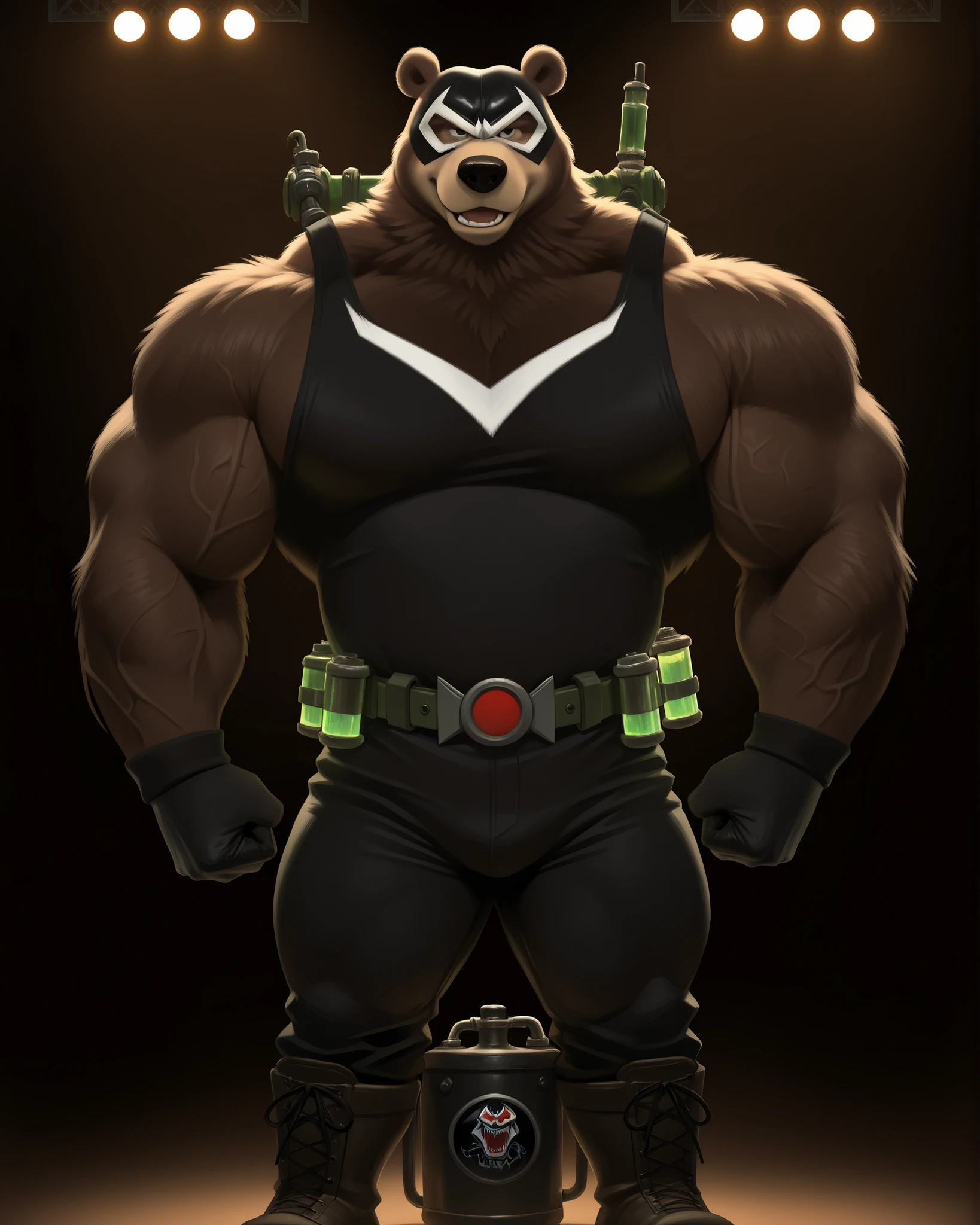 score_9, score_8_up, score_7_up, cartoon_style, ((by BodiPhantom)), 4k, 8k, The best quality, very well drawn, detailed, high quality, detailed, 4k, high resolution, high quality, high resolution, furry character, ursine, BodiPhantom, Himalayan bear, bear, boots, belt, boy, posing, (sexy), thick arms, huge arms, 5ft, 390lbs, green veins, (dark brown fur)), simple background, lights, seething, standing, black pants, black tank top, gloves, wristband, venom tank tube, black and white luchador mask with ears sticking out, Himalayan bear as Bane from DC Comics