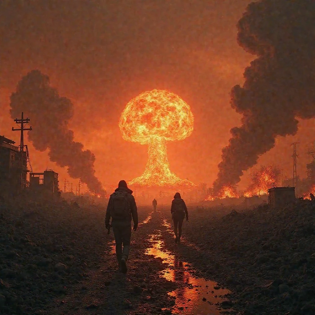 Entry into pandemonium with nuclear detonation on the front in red tones