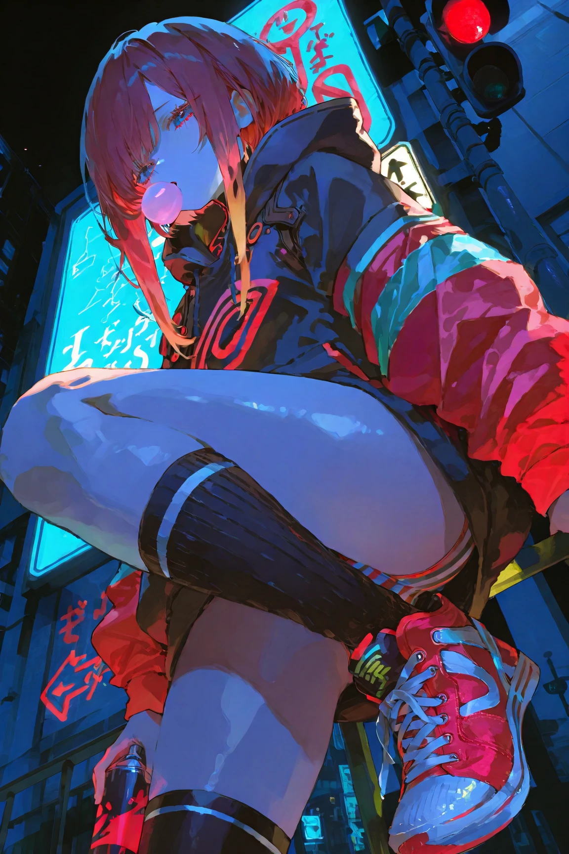 High resolution digital art style with vibrant colors and sharp lines BREAK Characters sitting、An oblique perspective of a man facing slightly upwards towards the viewer BREAK A young male character with thinning hair, Blue eyes, Geometric clothing, Modern sneakers BREAK A complex background made up of a maze of orange and black circuit-like patterns.