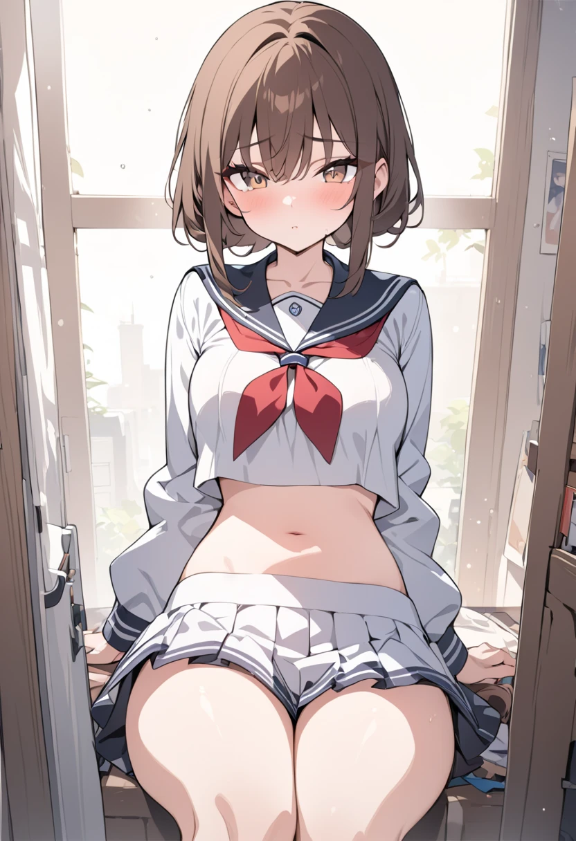 mashiromitsumine, mashiro mitsumine, (brown eyes:1.5), brown hair, ponytail, (flat chest:1.2),
BREAK grey skirt, long sleeves, neck ribbon, red ribbon, ribbon, sailor collar, school uniform, skirt, white sailor collar, (blue shirt:1.5),
BREAK looking at viewer,
BREAK indoors, classroom,
BREAK (masterpiece:1.2), best quality, high resolution, unity 8k wallpaper, (illustration:0.8), (beautiful detailed eyes:1.6), extremely detailed face, perfect lighting, extremely detailed CG, (perfect hands, perfect anatomy),(white panties:1.5), sitting on desk, spread legs, open legs, knee up, leaning back, small breasts, (short, tiny, little:1.5), blush, embarrassed,from below, cowboy shot, dutch angle