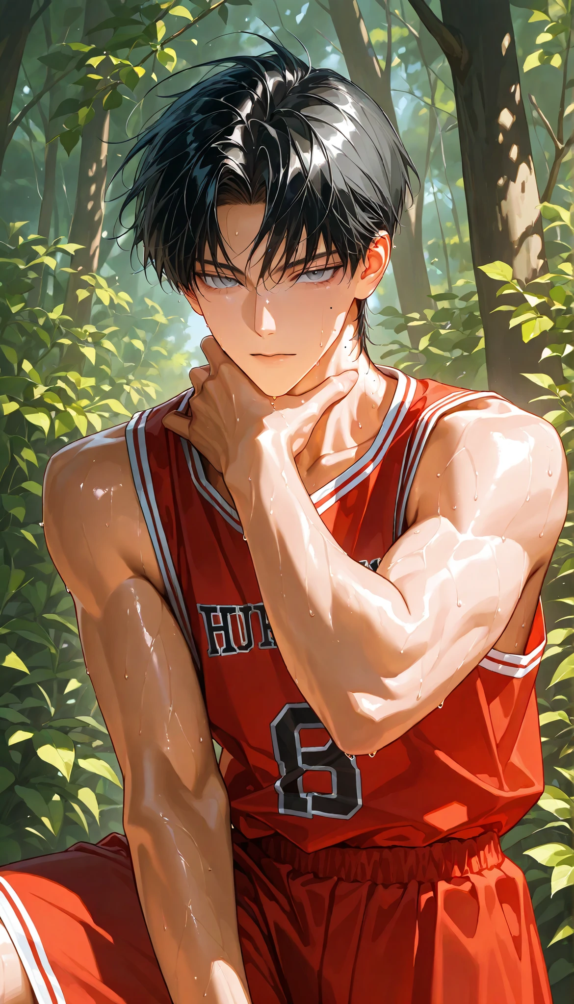 4k , 8k , (only 1male black hair color with grey eyes color) , ((no hair bang)) , short hair style , ((35 years old)) , adult , outside scenary environments , good focus , ตรงตามกายวิภาคมนุษย์ ,ร่างกายสมส่วน , anime eyes , good figured muscle , Focus from the head to the body , red basketball jersy , male solo image , hot man style , have mole on face , cool person , tan skin, standing pose, one hand on neck, sweating