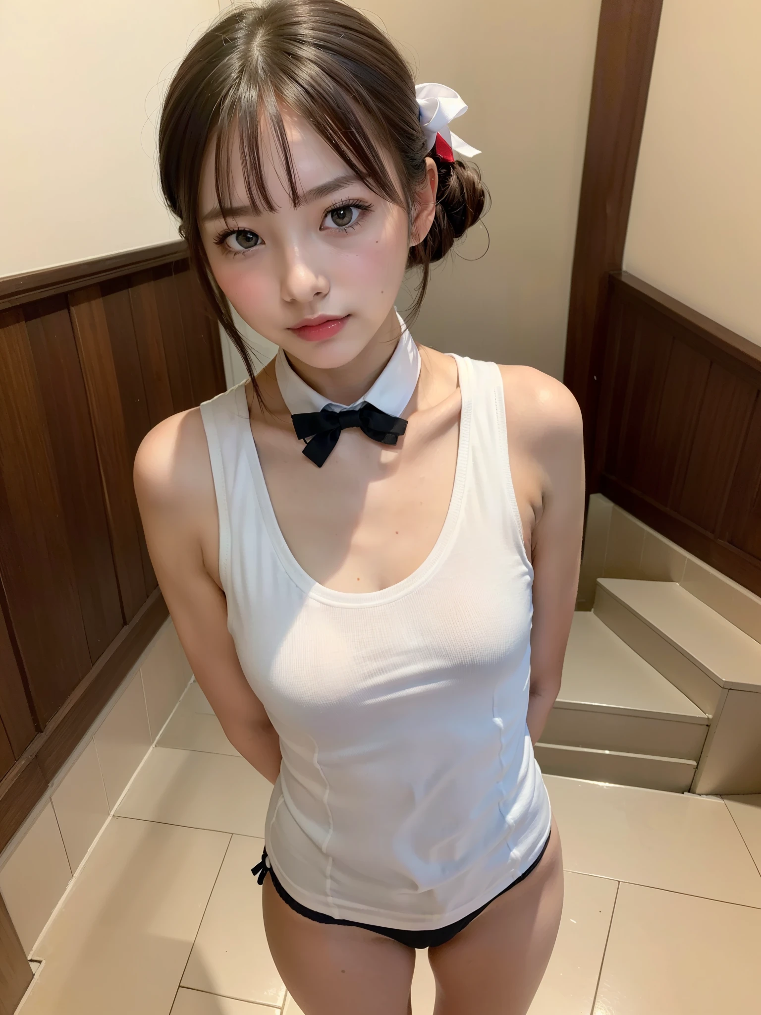 ((Best of the highest quality, 8k, Masterpiece: 1.3, raw photo)), Sharp focus: 1.2, (1 AESPA, slim body type female, 21 y/o: 1.1), (Solo: 1.28), (realistic, photo-realistic:1.37), face focus, cute face, finely eyes, side lighting, using reflectors, (small breasts, flat chest, Thigh: 1.3), (short messy hair, bangs: 1.28), (wearing shirt open school uniform:1.32), (bra top, neat panties:1.32), (ribbon:1.2), walking cafe, bar, sun light, flower, arms up,