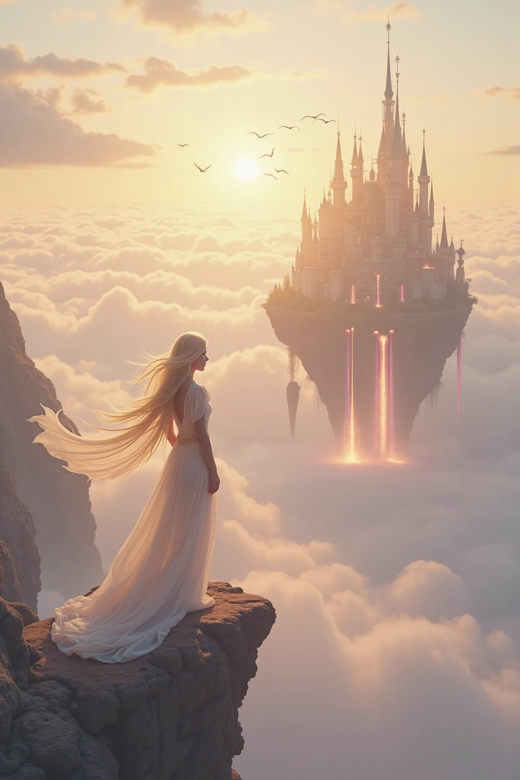 surreal, dreamlike fantasy landscape set high above the clouds, where a radiant golden light bathes the entire scene in a warm, ethereal glow. The atmosphere is filled with soft mist and drifting vapor that creates a mystical and serene environment. A majestic floating island hovers in the distance, suspended in mid-air by unseen forces, with cascading waterfalls flowing gently from its edges into the sea of clouds below. Upon this island stands an intricate, fantastical castle adorned with glowing towers and spires, blending elements of ancient architecture and magical ornamentation. The floating fortress appears illuminated from within, exuding a sense of enchantment and mysticism.

In the foreground, standing gracefully at the edge of a jagged cliff overlooking the clouds, is a beautiful, ethereal woman with long, flowing blond hair. She wears a sheer, translucent gown that dances with the wind, trailing behind her like delicate silk. Her back is turned toward the viewer, and she gazes calmly toward the floating castle in the distance, as if contemplating a journey or reminiscing about a distant past. The fabric of her dress blends seamlessly with the surrounding mist, enhancing her almost angelic appearance. The wind plays gently with her hair and the folds of her robe, adding movement and depth to the otherwise still and silent world.

Above, a group of birds flies in formation through the pale golden sky, their dark silhouettes adding a touch of life to the otherwise tranquil and untouched realm. The sun, partially obscured by clouds, casts a soft, diffused light across the scene, enhancing the pastel tones of pink, lavender, gold, and silver that dominate the sky and landscape. The contrast between the smooth, heavenly clouds and the rough, rocky cliff emphasizes the fragile beauty and isolation of the moment. The overall mood is one of awe, serenity, and wonder — as if witnessing the edge of a dream or a memory from a forgotten legend.

The art style is cine