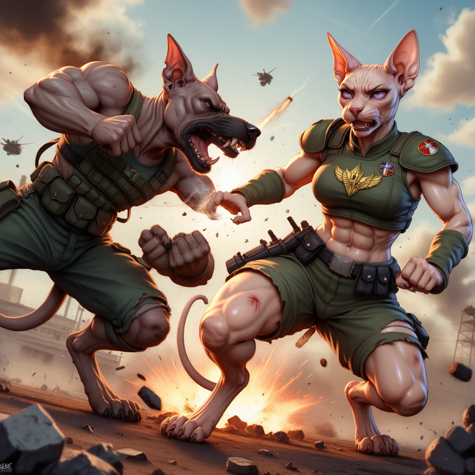 anthro cats vs anthro dogs, Sphynx_Cat_Anthro, german sheperd, cat beasts, dog beasts, war, fight for country,realistic, detailed, cinematic, action, dramatic, 4k, high resolution, photorealistic, masterpiece, intricate, sharp focus, physically-based rendering, vivid colors, HDR, intense, gritty, intense, cinematic lighting, epic battle scene, two factions of female warriors, fierce combat, intense hand-to-hand fighting, powerful kicks and punches, acrobatic maneuvers, claws and fangs, bloodied and bruised, determined expressions, patriotic uniforms, war-torn battlefield, destroyed buildings, smoke and debris, explosions, dramatic sky, moody lighting