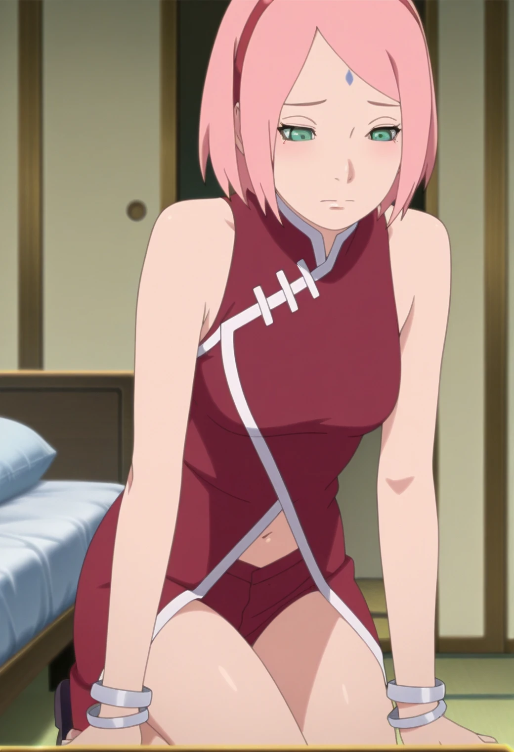 (Alta qualidade) solo, (Melhor qualidade, 8k, UHD: 1.2) fotorrealista,obra-prima, solo, 1garota,haruno sakura, marca na testa, faixa de cabelo vermelha,olhando para o espectador,cabelo flutuante, sexy, corpo perfeito, seios grandes, na cama, Room,sexy body,(pele detalhada:1.3) Skyporn, (Standing, de cima:1.3), (bunda grande:1.2), (coxas boas:1.2) cowboy shot,