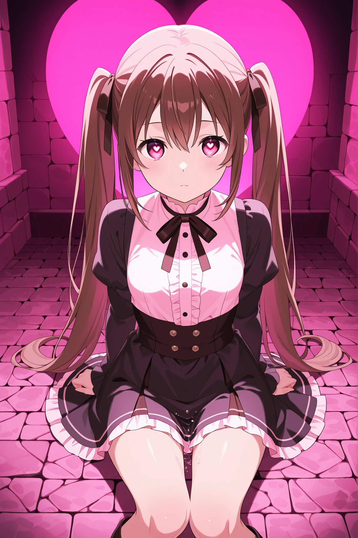 girl 1 person、short girl on the tide、 lori、detailed background、 Hair、air intake、brown long hair、brown long twin tails、 small 、small、I have small breasts、brown and white ribbon、cover、 Flushing Cheeks 、expressionless、I'm wearing adventurer's clothes、sitting on the floor、 the girl is sitting、Hypnotized、heart eyes、Estrus、I'm looking at the pink light、Pink lighting、pink light、anime beautiful girl、Dark Night Background、dark night indoor background、dark night indoor cobblestone floor background、dark night indoor cobblestone wall background、dark night indoor cobblestone ceiling background making women squirt、