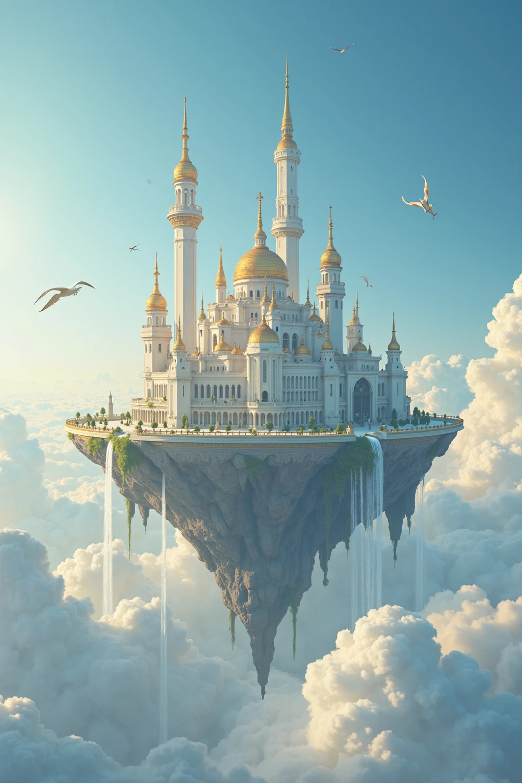 majestic floating city suspended high above the clouds in a serene, otherworldly sky. The entire structure rests atop a massive, rocky landmass that defies gravity, surrounded by soft, billowing clouds that glow with warm sunlight. The architecture of the city is elegant and fantastical, combining elements of medieval and high-fantasy design. Tall, slender towers with golden spires rise into the air, crowned with domes and ornate turrets that reflect the sunlight. The central structure is a grand palace-like building with a prominent dome and a tall, slender tower at its peak, serving as the visual anchor of the city.

The floating island beneath the city is partially shrouded by mist, with cascading waterfalls that vanish into the clouds below. The sky is a vivid and endless shade of blue, creating a dramatic contrast with the white and cream-colored stone of the buildings. A few birds and dragon-like creatures soar through the open air, circling the island and adding life and movement to the scene. Their graceful flight suggests peace and harmony in this secluded sanctuary above the world.

The city walls curve gently, forming protective barriers adorned with arches, pillars, and intricate carvings. Trees and greenery peek through in some areas, indicating carefully tended gardens and natural integration within the architecture. The lighting is soft and diffused, casting delicate shadows and enhancing the dreamlike quality of the floating realm. The atmosphere is tranquil and majestic, as though this is a sacred place untouched by time or conflict, perhaps a domain of ancient wisdom or celestial beings.

The composition is vertically focused, drawing the eye upward from the clouds to the tip of the tallest tower. The overall mood is both awe-inspiring and calming, evoking feelings of wonder and exploration. The color palette is dominated by soft blues, whites, and gentle golds, emphasizing the purity and grace of the city in the sky. The visual style is refined an