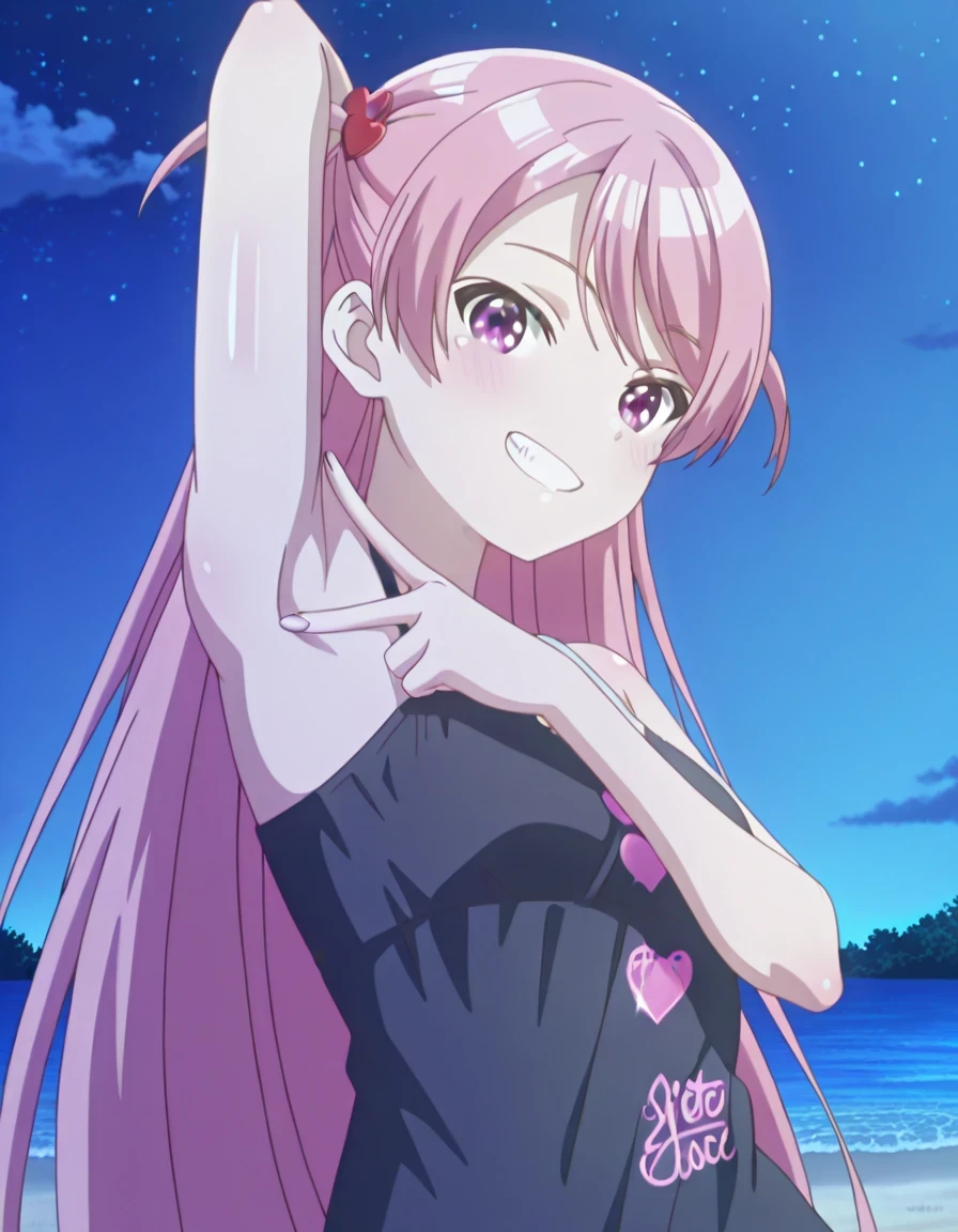 maho-casual, pink eyes, pink hair, long hair, two side up, black camisole, anime screencap, shiny skin, high quality, solo, upper body, (contrapposto), v, spread armpit, presenting armpit, hand behind head, closed mouth, night sky, beach, looking at viewer, grin, best quality