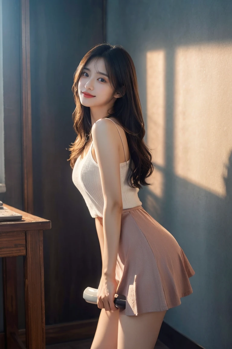 8K, masutepiece, Raw photo, Best Quality, Photorealistic, Highly detailed CG Unity 8k wallpaper, depth of fields, Cinematic Light, Lens Flare, Ray tracing, (Extremely beautiful face, Beautiful lips, Beautiful eyes), intricate detail face, ((Ultra detailed skin)) (leaning against the window sill、Close up portrait of woman in red full lace tight skirt), thighhighs and skirt, tight outfit, (Wearing stockings), (Beautiful short skirt), tight outfit, (wearing fishnets), thighs thighs thighs thighs!!!!! Gorgeous, next to a big window, from side view, captivating and enticing, (good hips and long legs), Gorgeous, Leg and thigh shots, 1girl in, deepshadow, Pretty Korean girl, Kpop Idol, 1 girl, (Very slim and slender fit muscular body:1.3), ((Looking at Viewer)),(Big smile:1.3),Butt sticking out pose,