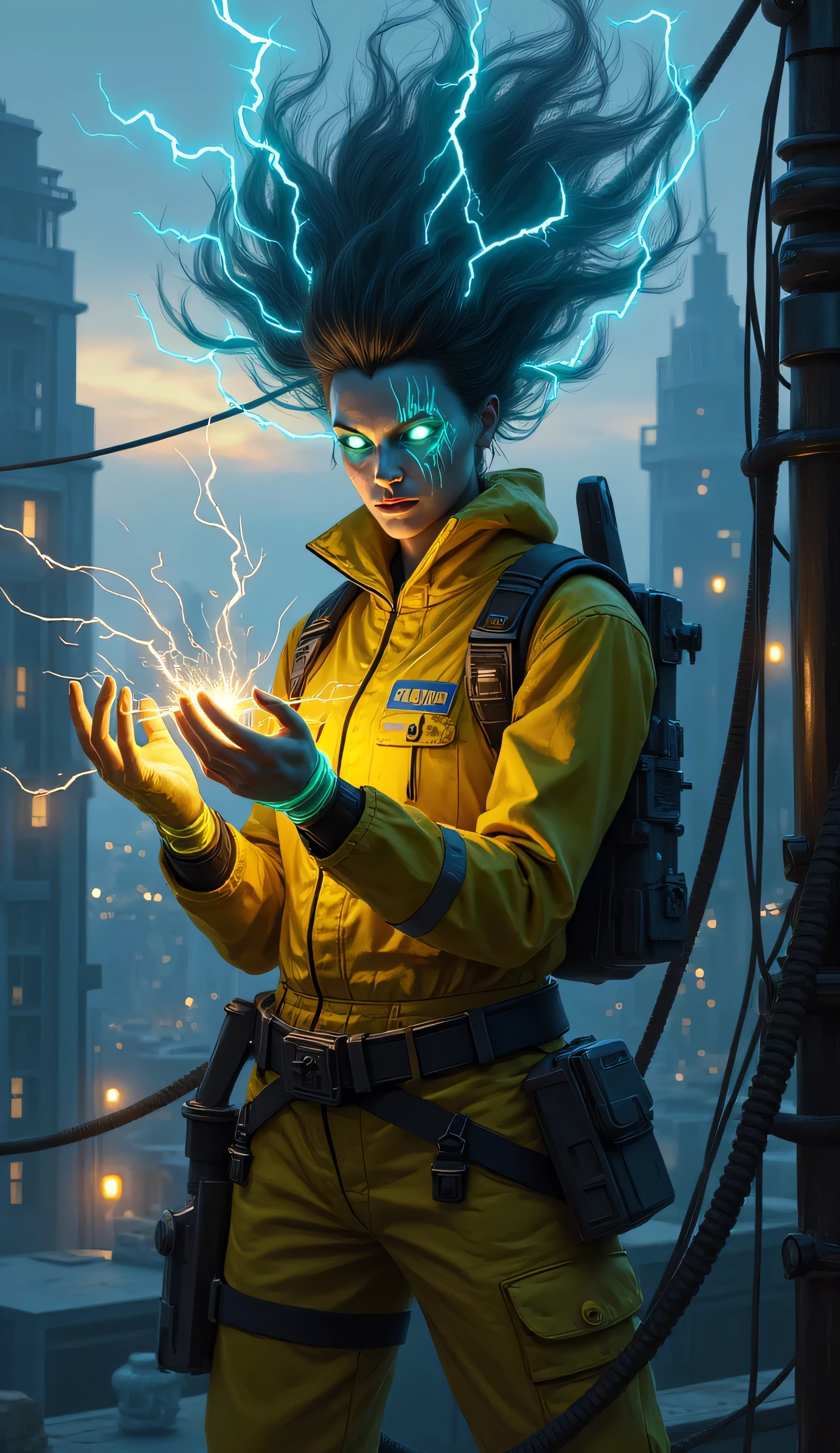 fantasy-inspired humanoid female character, Electro Genasi, electrician, working, on a power line, in a futuristic city, dusk, glowing skin with neon-yellow veins of energy running, hair floats upward like a field of static electricity, eyes pulse with light, modified electrician’s uniform, utility belts, gloves, safety gear, parts of equipment glow with magical energy, sparks crackle harmlessly around hands, electricity bends to their will like a living creature, city lights flicker, power surges ripple through wires, cinematic atmosphere, gritty realism, glowing sci-fi magic, semi-realistic digital painting style, concept art for a modern-fantasy