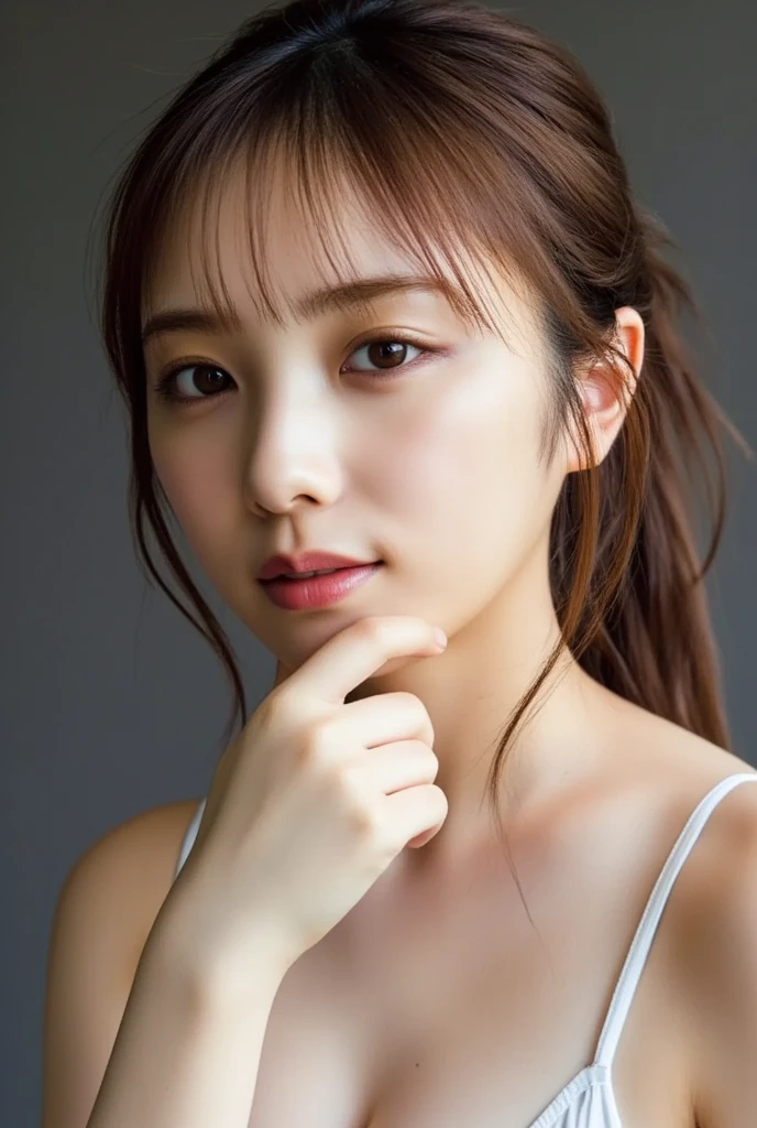1 female, Maximum Chest Circumference, Light brown hair, Blunt bangs, Random Hairstyles,((very fat figure,She's sticking her ass out towards me)), Thin face, Delicate lips, Saggy eyes, eyes are light brown, Perfect glowing skin, (Realistic:1.3), random color bikini、Super Detail, high quality, 最high quality, High resolution,((From head to toe,whole body,))20-year-old,Green Eyes,