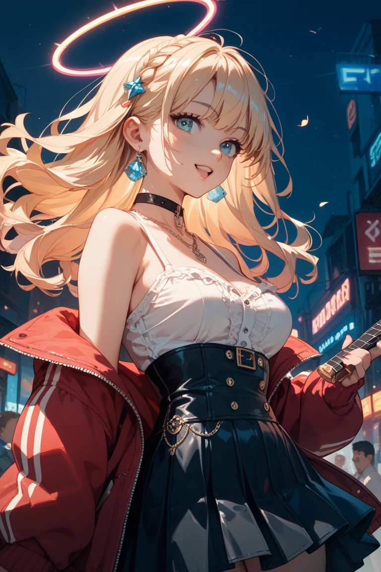 absurd, super detailed,bright colors,(In 8K:1.3),Masseter muscle part,very beautiful detailed face and eyes, 25 years old,(school uniform:1.2), (gal:1.2), (white shirt:1.3), (Wrap a beige cardigan around your waist:1.3), ((cleavage, button removed):1.2), (plaid pleated skirt:1.2), (necklace,colorful bracelet,(loose socks:1.4),double piece,X hair,aurora、city lights、star座、Crescent Moon,Milky Way,street lamppost, particles of light, long sleeve, milky way, night, 近いnull, outside the house, 惑star, power line, 流れstar, null, Skyscraper, solo、stargazing,star_\(sky porn\)、starnull、winter、(smooth straight blonde hair:1.3), (shiny hair:1.2), delicate and beautiful features, blush、deep blue eyes, (happy smile:1.2),小さなnecklace,(raise two fingers on the chair),whole body