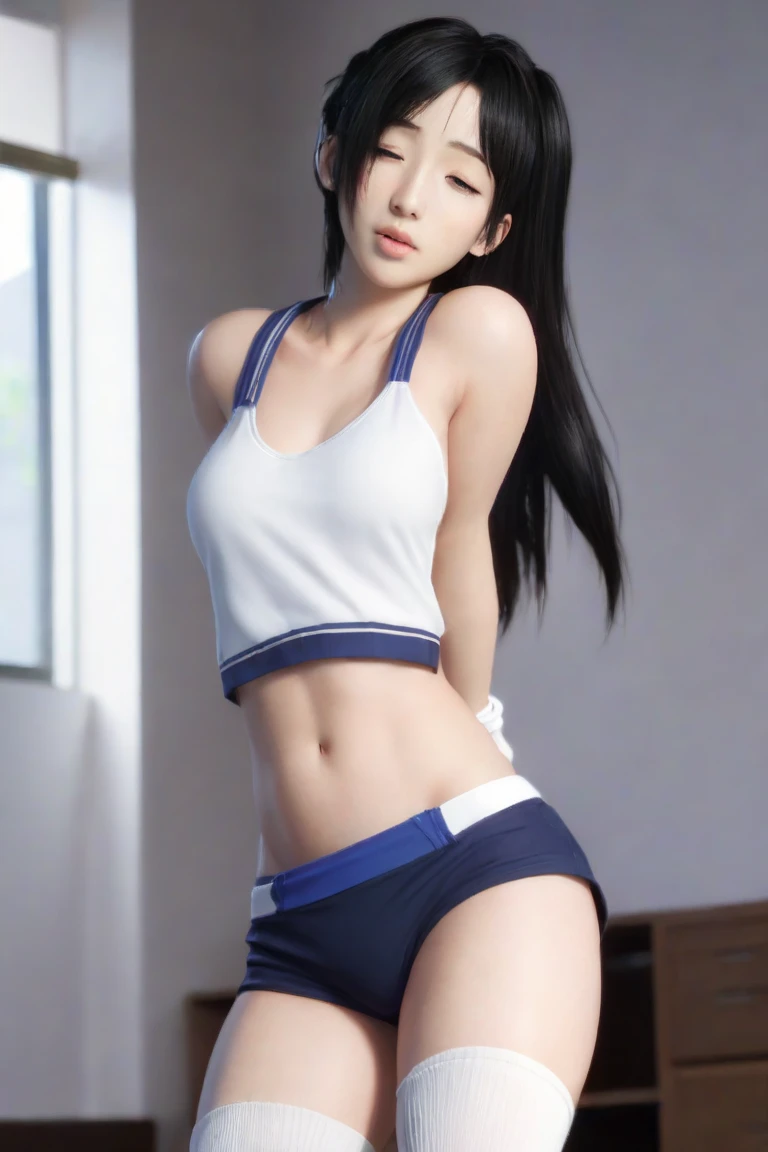 20 year old Japanese beauty,Slim and cute、Perfect Eyes、Realistic 3D nude images,Bust is very very very small、Full body image showing breasts、The background is a bright poolside、High quality photos、Showing off hairless genitals、clear, Clear image of the lower body、Masterpiece 8k(1.3)、FF7 Remake Tifa、Masterpiece、The best texture、smile、Volleyball Uniforms