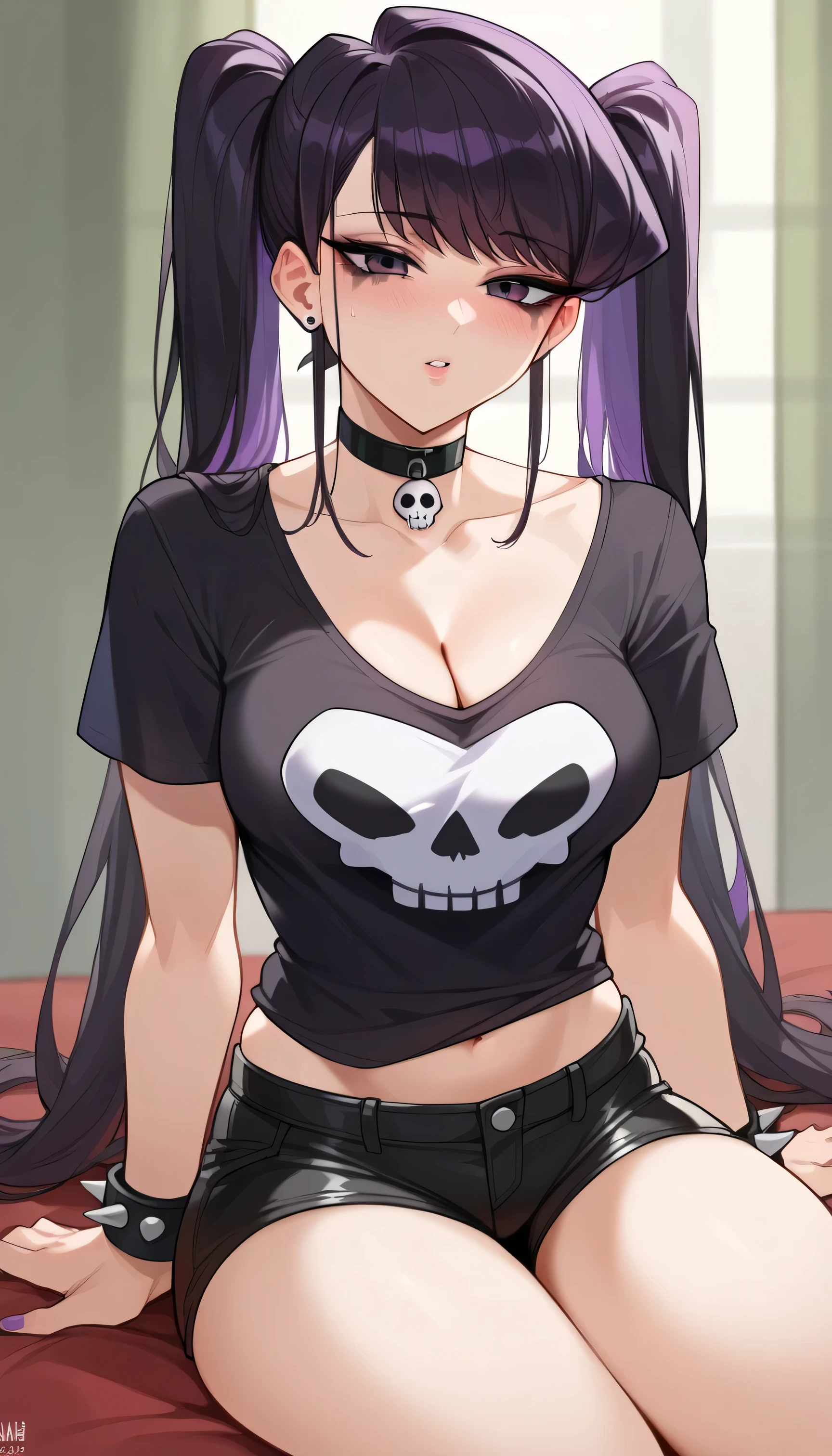 score_9, score_8_up, score_7_up, score_6_up, score_5_up, score_4_up, rating_explicit, Goth girl, Komi Shouko, choker, goth clothes, purple eyes, makeup, skull print, black T-shirt, spiked bracelets, dark leather shorts, cut shorts, purple hair, hige breasts, twintails, multicolored hair, black hair, whore makeup, cleavage,