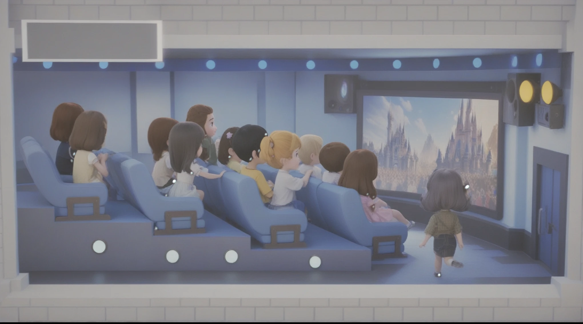 has multiple rows of blue seats,viewers sit in their seats, A picture of the future city was played on the huge screen in front,There is a row of small blue lights,and the ceiling,with large audio equipment installed on both sides of the screen { x} The lighting design not only added to the atmosphere of the scene,There is a door on the right side of the screen,The design of the entrance is also quite simple,screen playback movie screen。Bright tones, Disney style,u3d scene,HD, details, original movie theater scene,game U3D scene original picture,in the dark movie theater,The audience applauded,screen play the movie screen,Q version of the European and American scene indoor movie ,Q version scene original picture,欧美Q version scene original picture,interior scene,lighting on stage,sd1.5. Disney style,u3d scene,HD, details,
