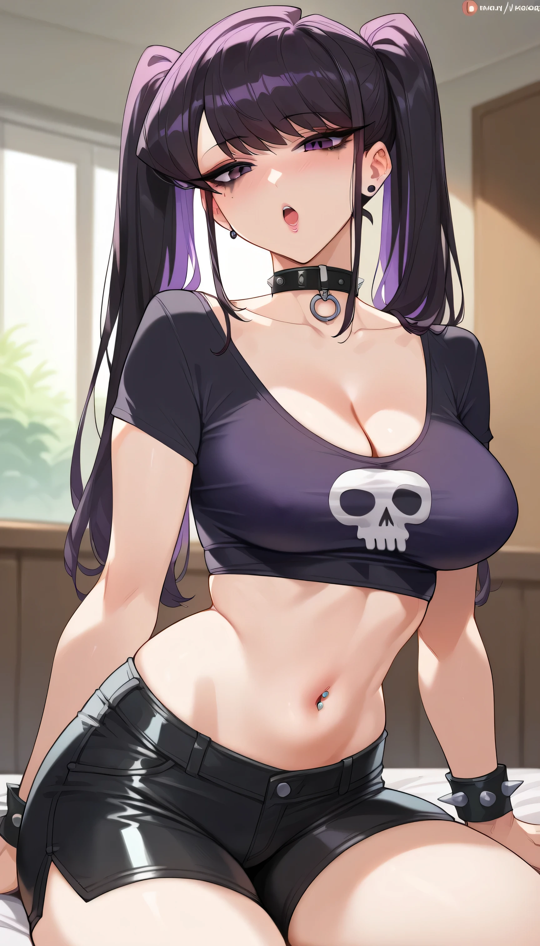 {{{masterpiece}}}, {{{best quality}}}, {{ultra-detailed}}, {cinematic lighting}, {illustration}, {beautiful detailed eyes}, {1girl} (indoors), 8K. (indoors) inside a classroom, extremely detailed character ultra-detailed, detailed face, beautiful woman, solo, perfect face, sharp focus, intricate details, ultra detailed body, ultra detail hair, ultra detail face, goth girl, pale skin, standing in college class, gothic clothing, black lipstick, facing viewer, huge breasts, black top, spiked black choker around neck, hair over eyes, black top, cleavage, gigantic breasts, eyes hidden under hair, green eyes, black leather jacket, bangs, extremely detailed clothing, annoyed expression, hands at side, bitch, goth bitch, wearing a black tank top, girl is pissed off. wearing black leather pants