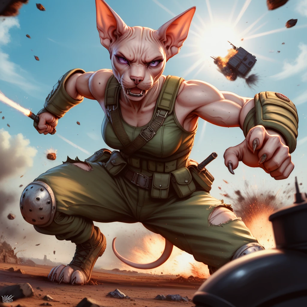 anthro cats vs anthro dogs, Sphynx_Cat_Anthro, german sheperd, cat beasts, dog beasts, war, fight for country,realistic, detailed, cinematic, action, dramatic, 4k, high resolution, photorealistic, masterpiece, intricate, sharp focus, physically-based rendering, vivid colors, HDR, intense, gritty, intense, cinematic lighting, epic battle scene, two factions of female warriors, fierce combat, intense hand-to-hand fighting, powerful kicks and punches, acrobatic maneuvers, claws and fangs, bloodied and bruised, determined expressions, patriotic uniforms, war-torn battlefield, destroyed buildings, smoke and debris, explosions, dramatic sky, moody lighting
