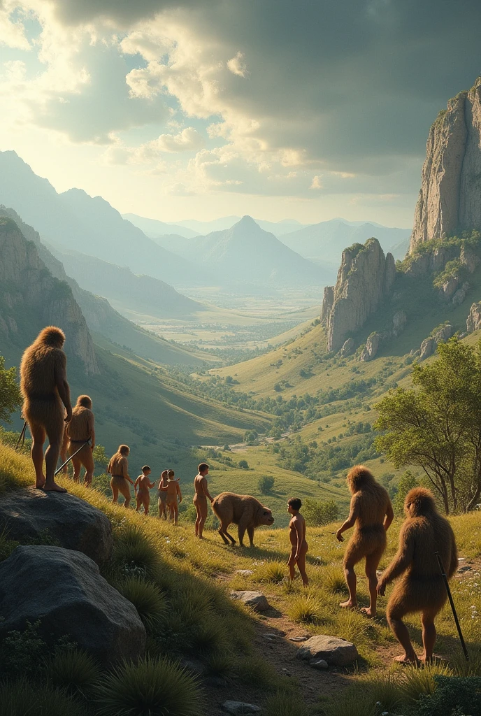 (photorealistic, realistic, raw photo:1.5) and (intricately detailed:1.25), epic, masterpiece, best quality,1 boy wearing a t-shirt, green eyes, neanderthal man, woman wearing primitive clothing, holding a spear, neanderthal woman, stone age house, stunning sky background <lora:xl_more_art-full_v1:0.5>