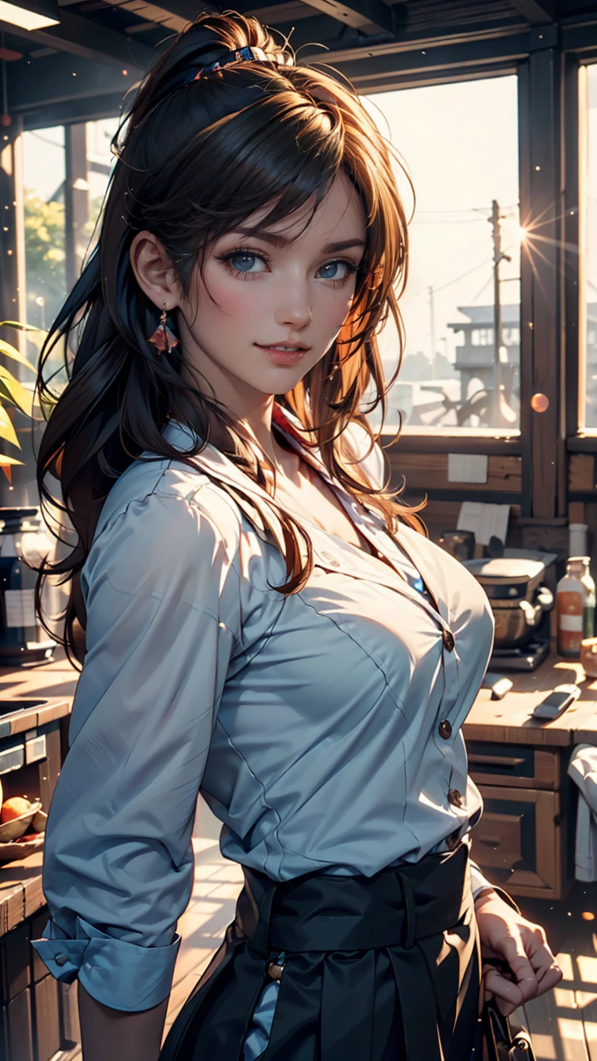 Very detailed, Seductive erotic woman with horns, A shirt that fits snugly against the skin, (Big Breasts, My chest is so big that it tears my shirt, Redhead), Focus on the face, Focus on the face, Complex eyes,